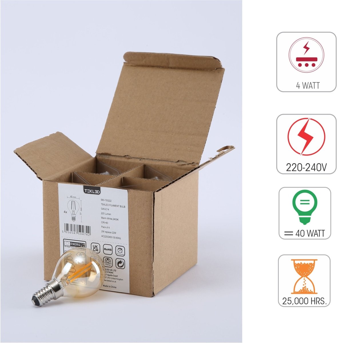 Technical specs of LED Filament Bulb P45 Golf Ball E14 Small Edison Screw 2W 220lm Warm White 2400K Amber Pack of 4 | TEKLED 583-150222