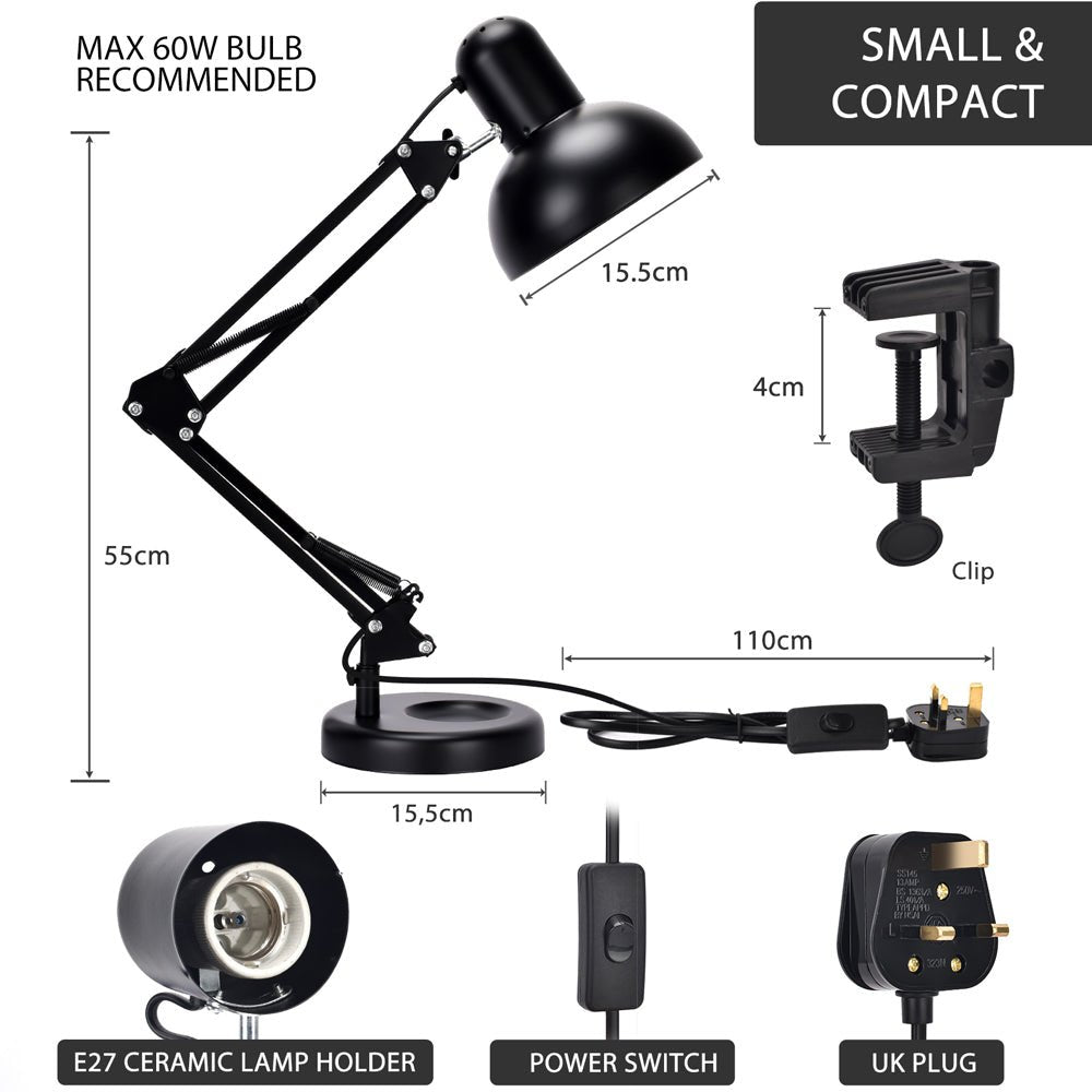Black adjustable desk lamp with measurements. Features a clip, power switch, and UK plug.