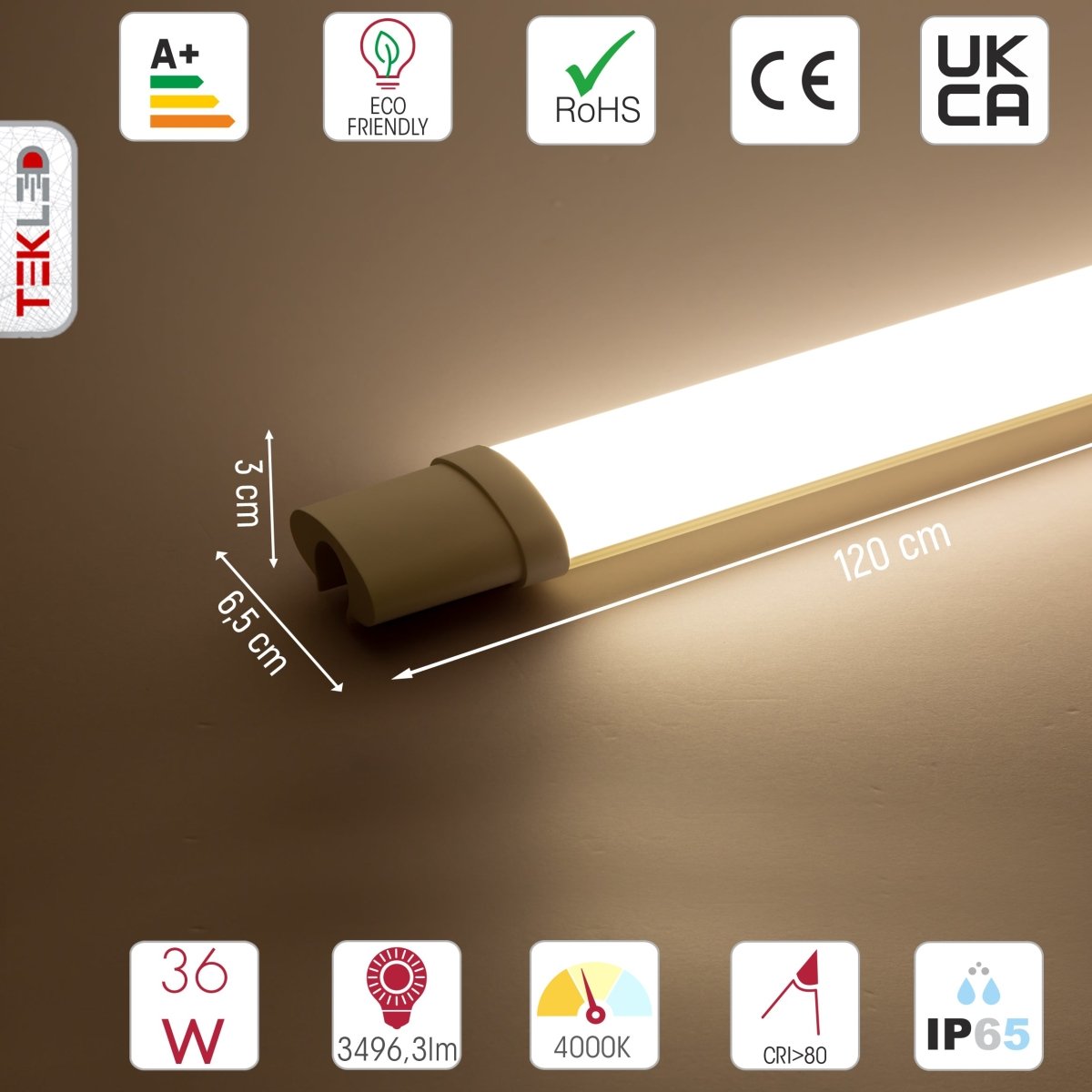 Technical specs and measurements for LED Tri-proof Slim Batten Linear Fitting 36W 4000K Cool White IP65 120cm 4ft