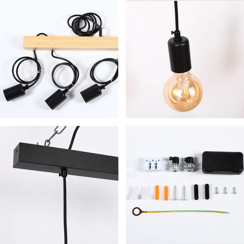 Modern industrial pendant lights. One with an Edison bulb. Some components are also on display.