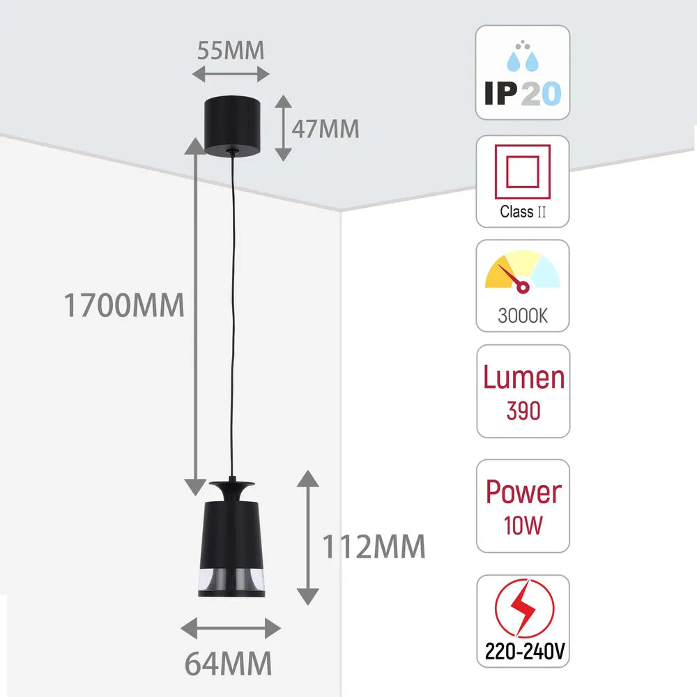 Size and technical specs of the Torchlight LED Pendant Downlight 10W Black Finish, 3000K Warm White-150-19082