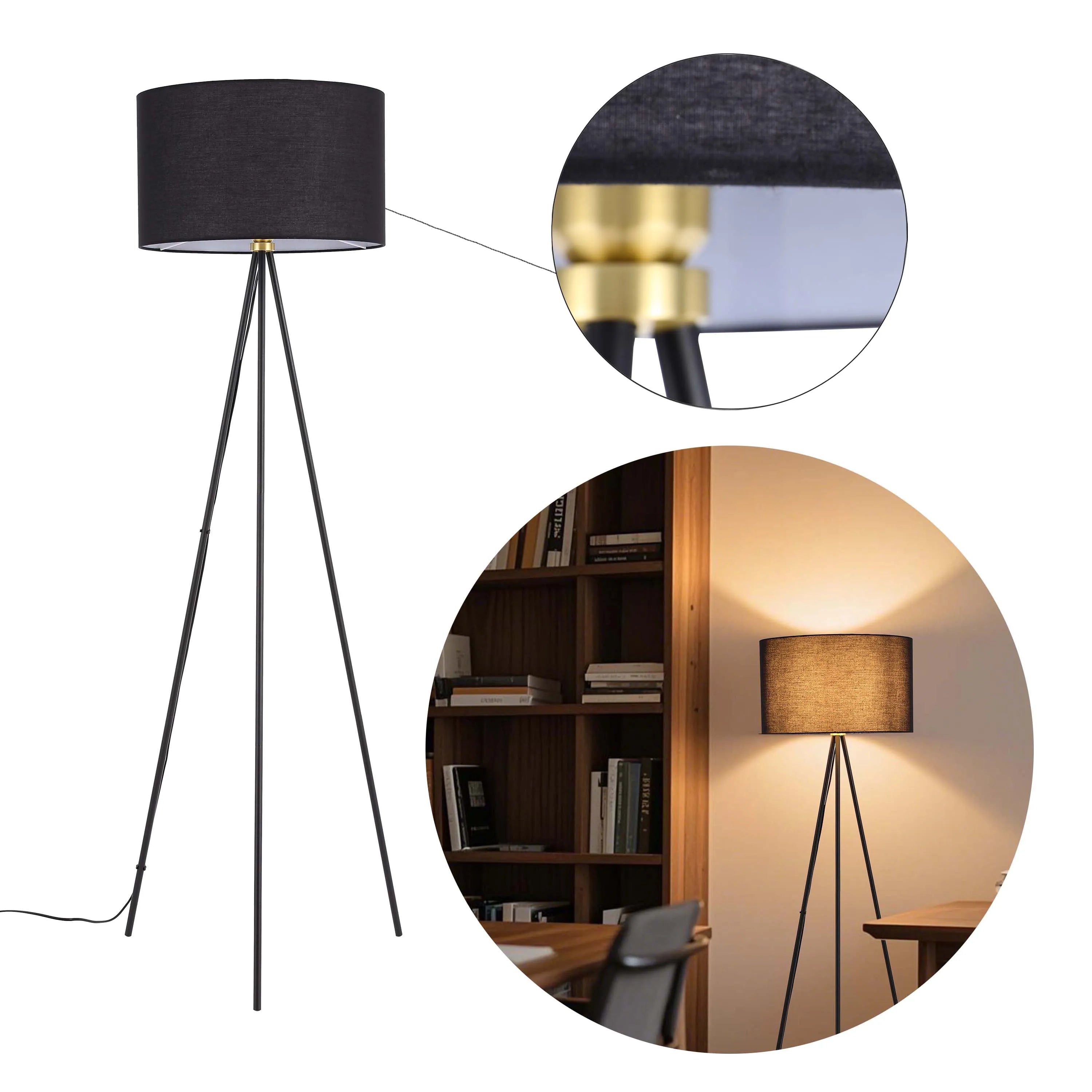 Tripod floor lamp with a dark shade and black metal legs; offers soft, ambient lighting.