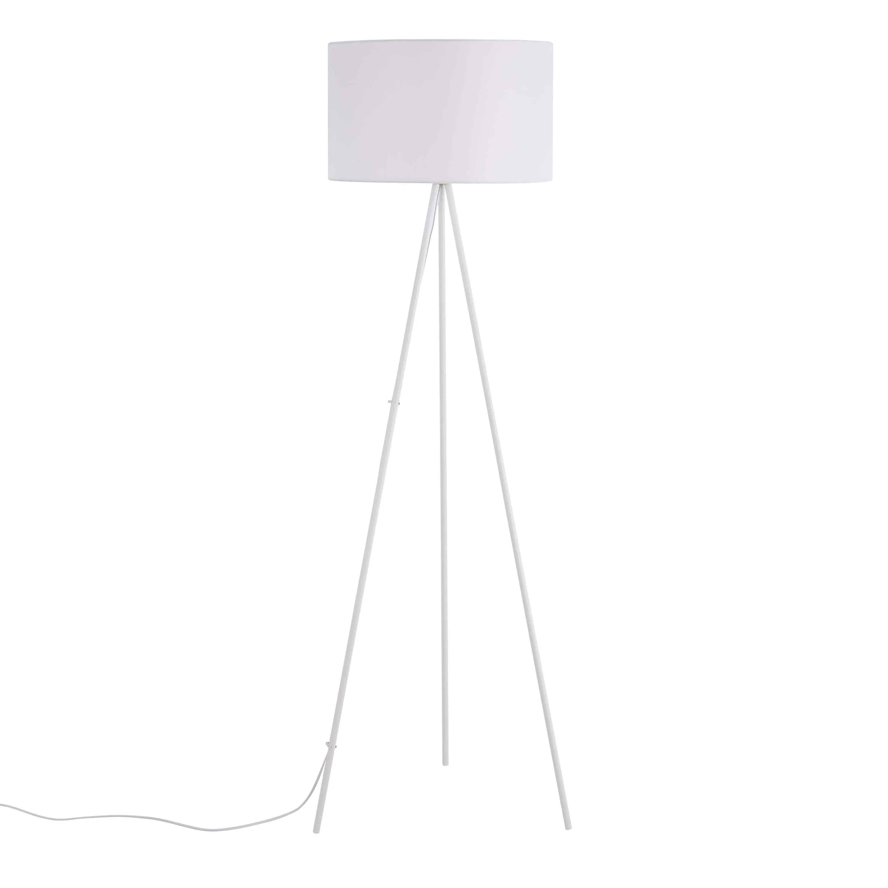 A white floor lamp with a tripod base and a cylindrical shade, radiating a soft, modern glow.