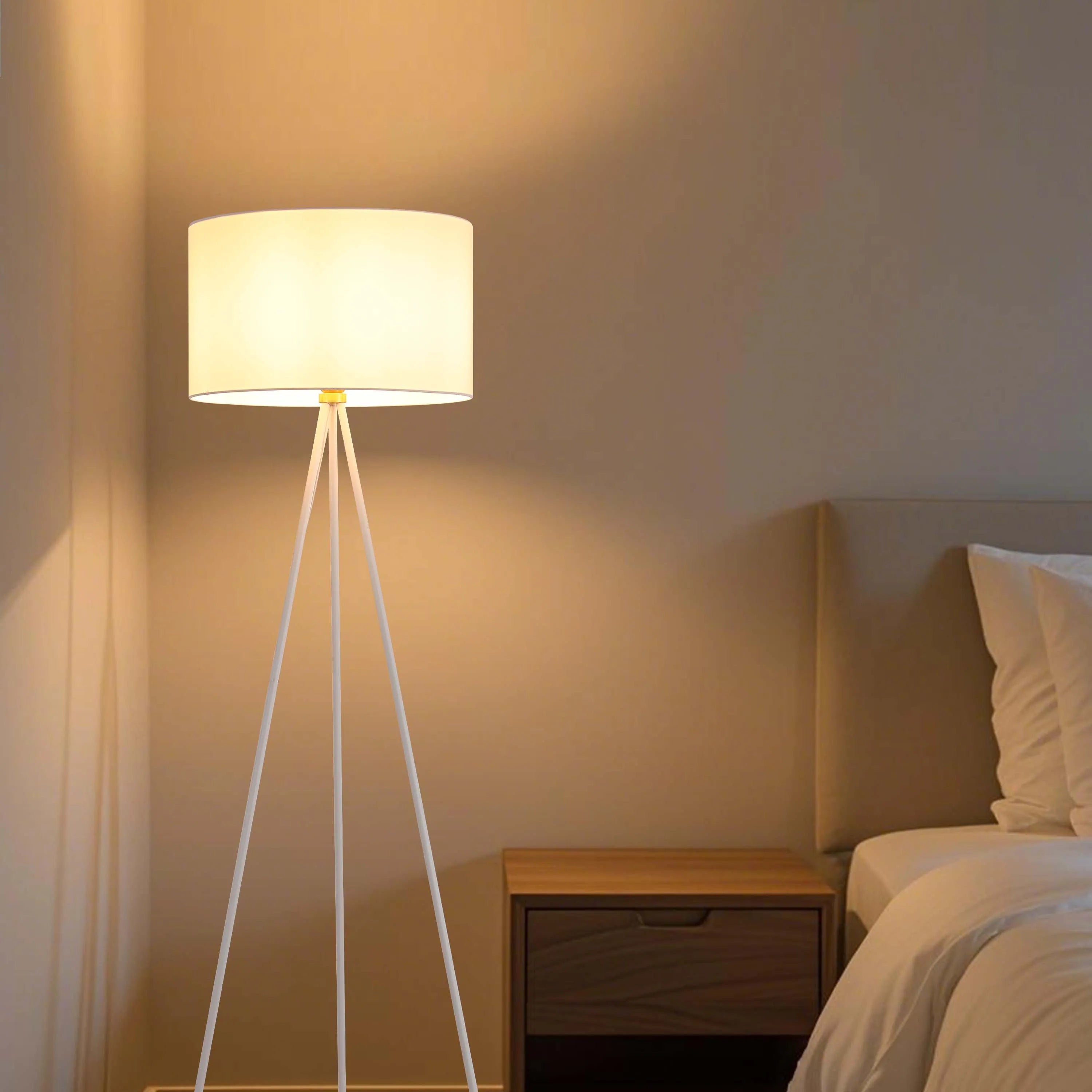 Illuminated room with a floor lamp. The lamp is glowing brightly, casting a warm light onto the wall and surroundings.