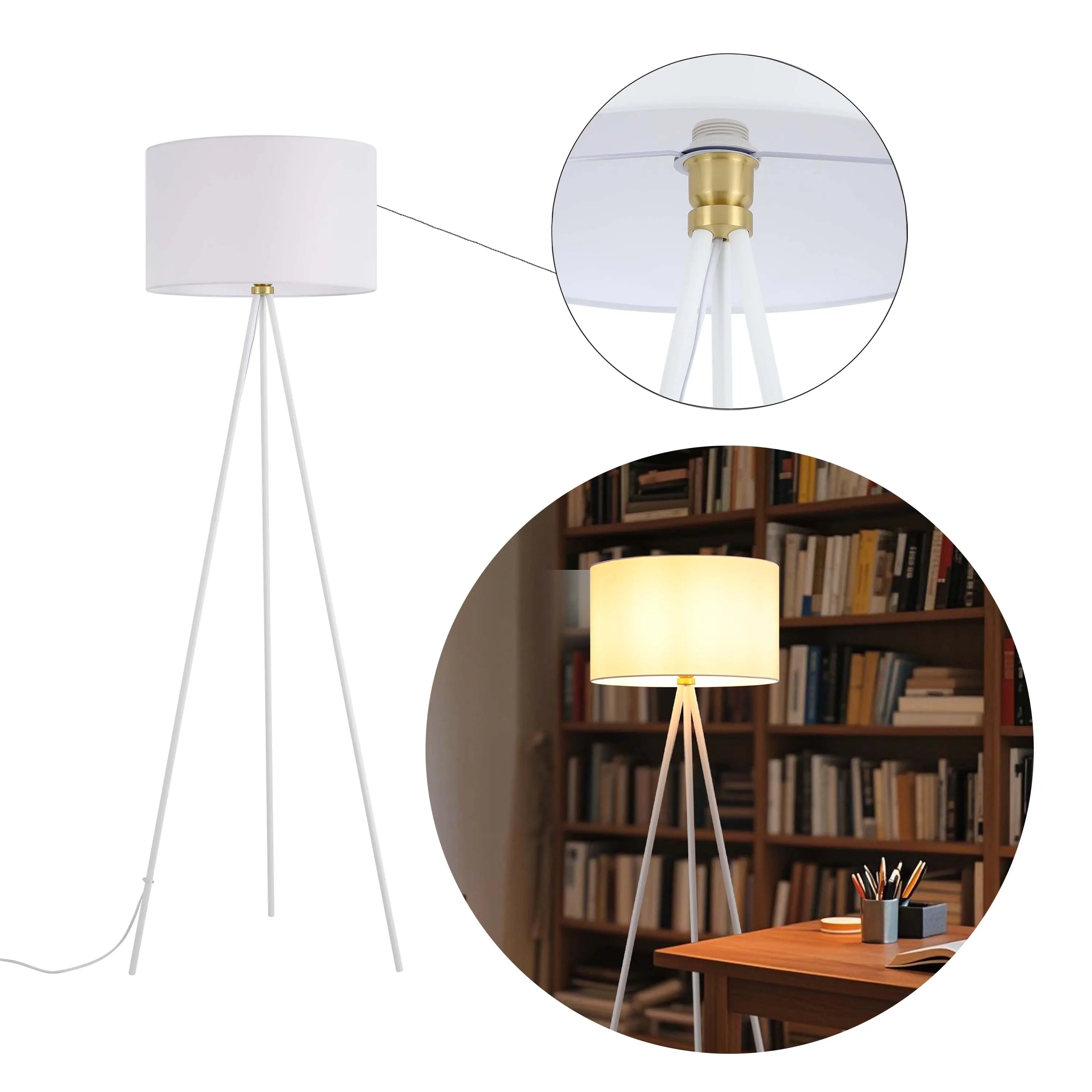 Stylish tripod floor lamp. Modern lighting for the home with a white lampshade and stand; gold detail at the lamp base.