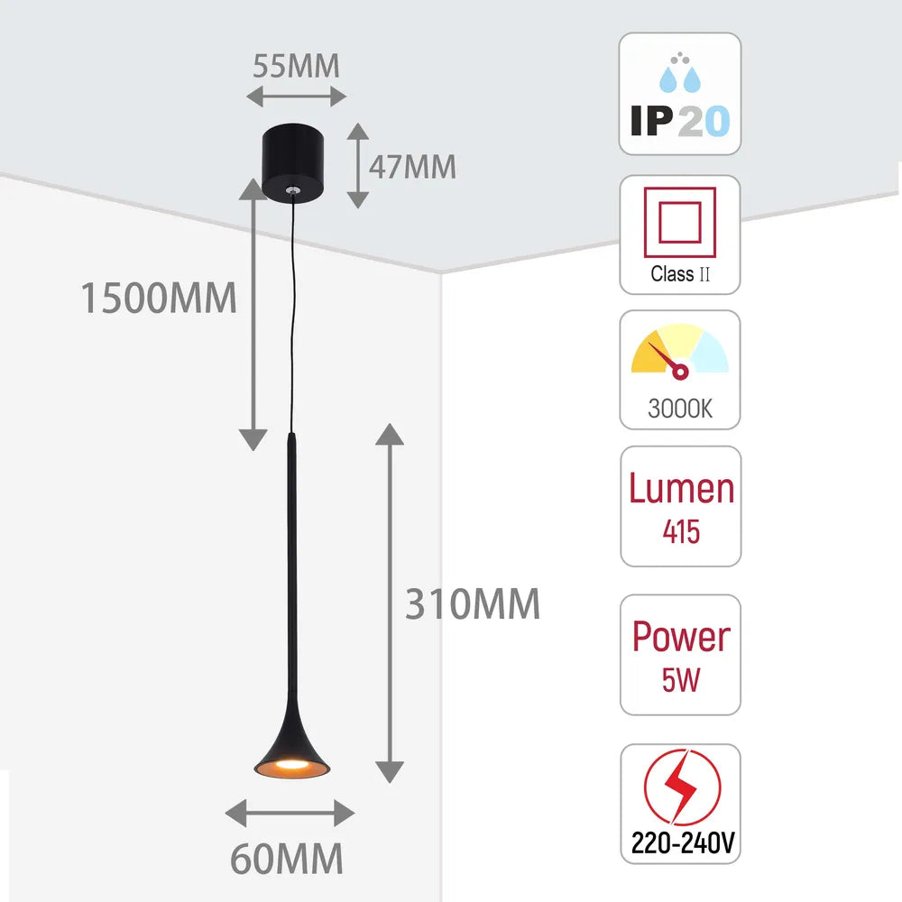 Size and technical specs of the Trumpet LED Pendant Downlight 5W Warm White with Gold Interior-150-19070