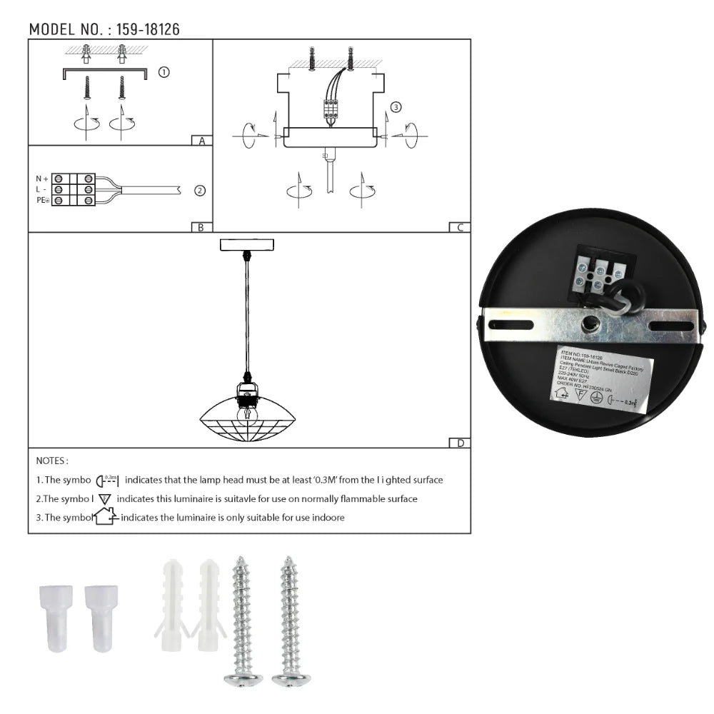Urban Revive Caged Factory Ceiling Pendant Light Black 15