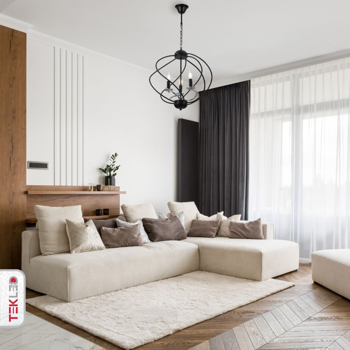 Black Spiral Metal Chrome Arm Chandelier 3Xe14 in indoor setting living room