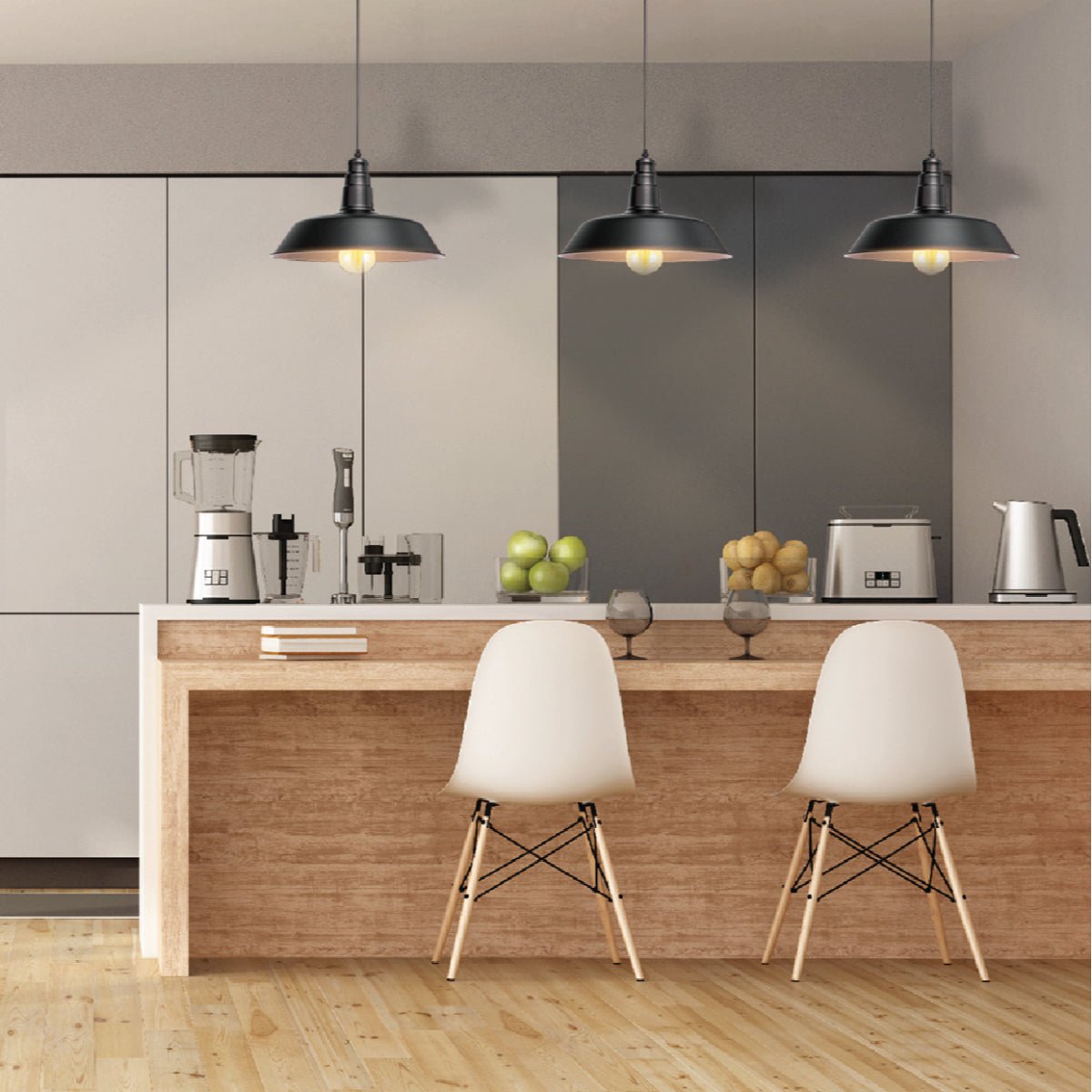 A kitchen featuring a breakfast bar with two white chairs, illuminated by three pendant lights above.