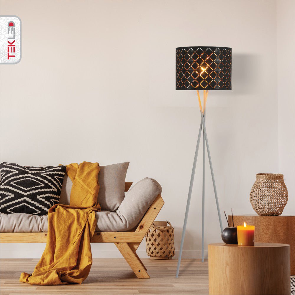 Tripod white drum floor lamp with e27 fitting alternate view used in a bedroom