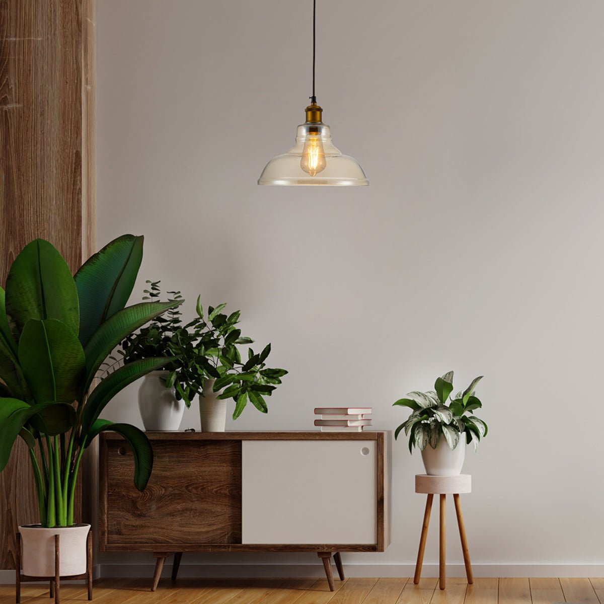 Stylish sideboard with plants and books, illuminated by a pendant light. A blend of modern and rustic design.