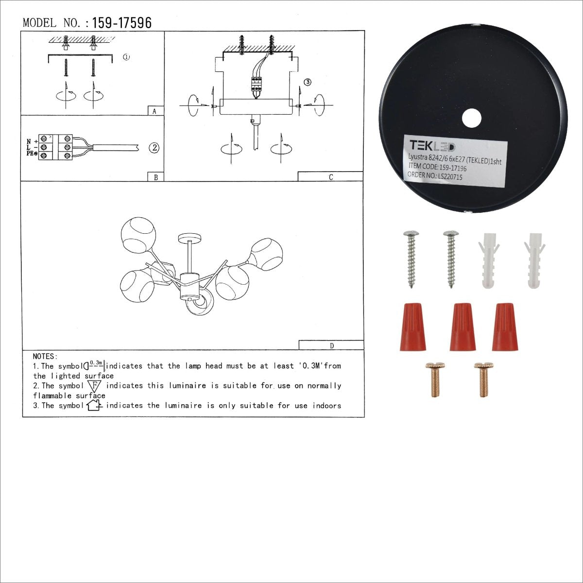 User manual for Amber Cut-out Globe Glass Black Gold Metal Sputnik Semi Flush Ceiling Light | TEKLED 159-17196