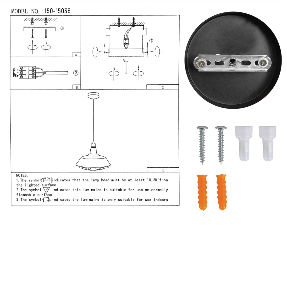 Diagram of a pendant light fixture with installation guide, screws and wall anchors included.
