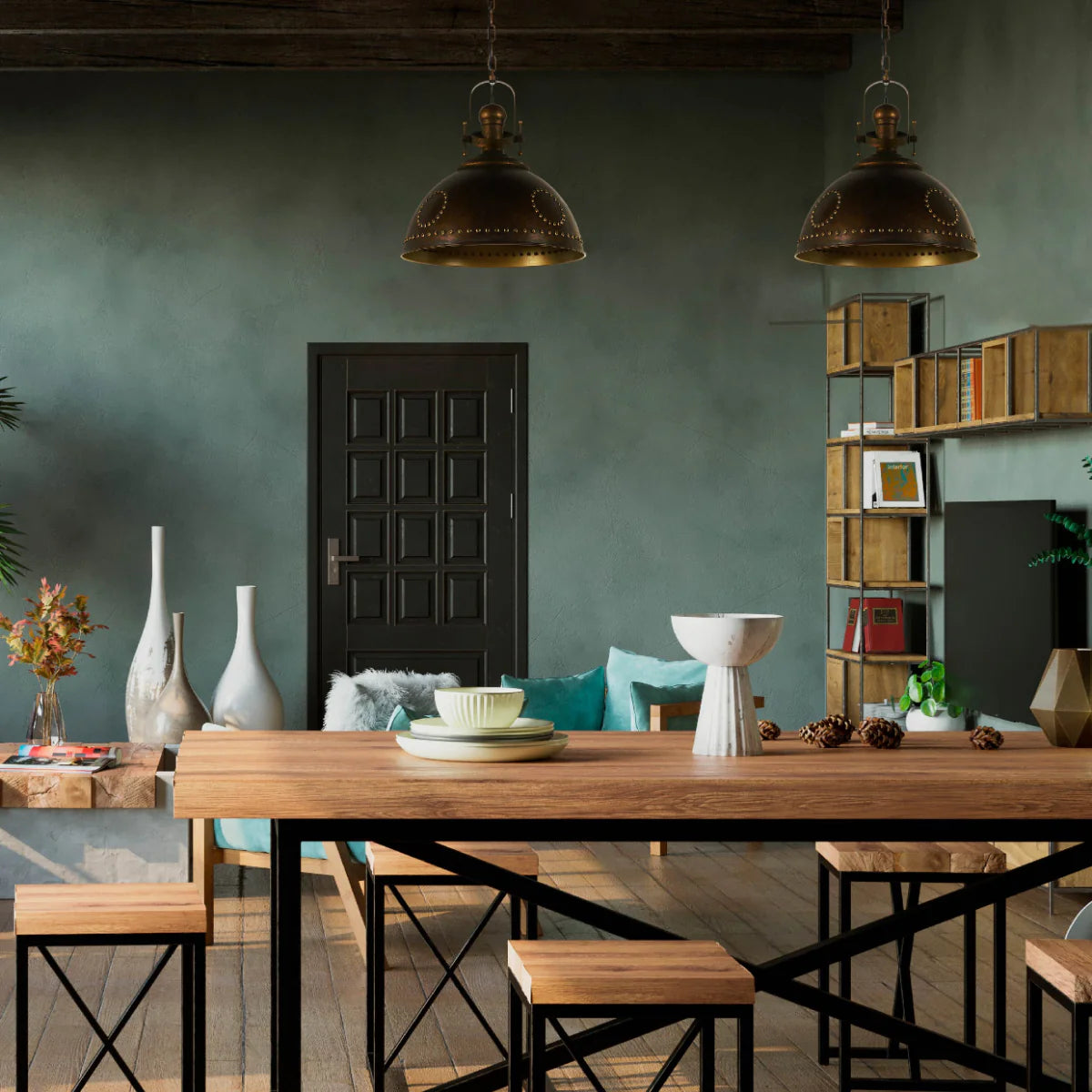 Where to use Vintage Industrial Dome Pendant Light with Rivet Detailing 150-19032