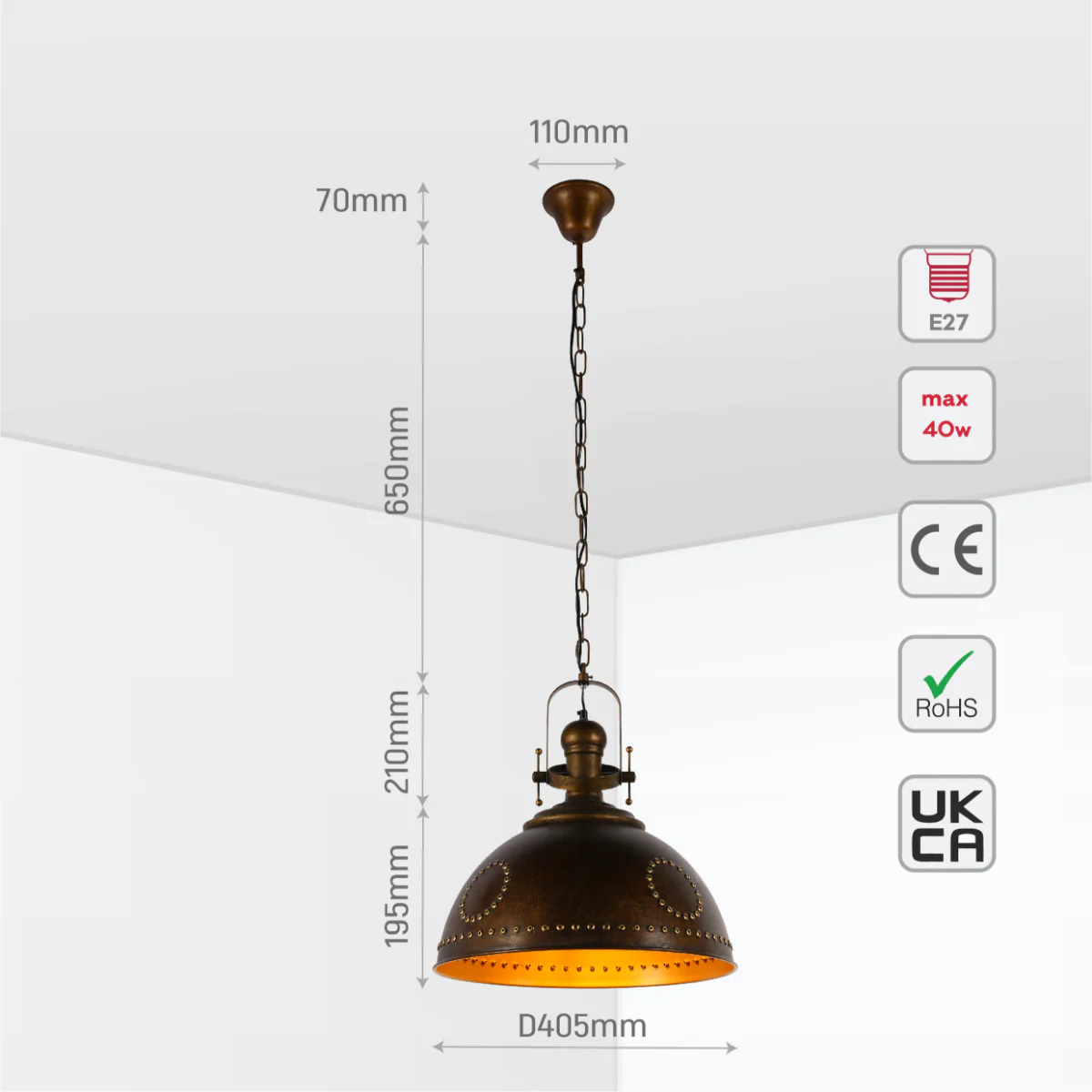Size and certifications of Vintage Industrial Dome Pendant Light with Rivet Detailing 150-19032