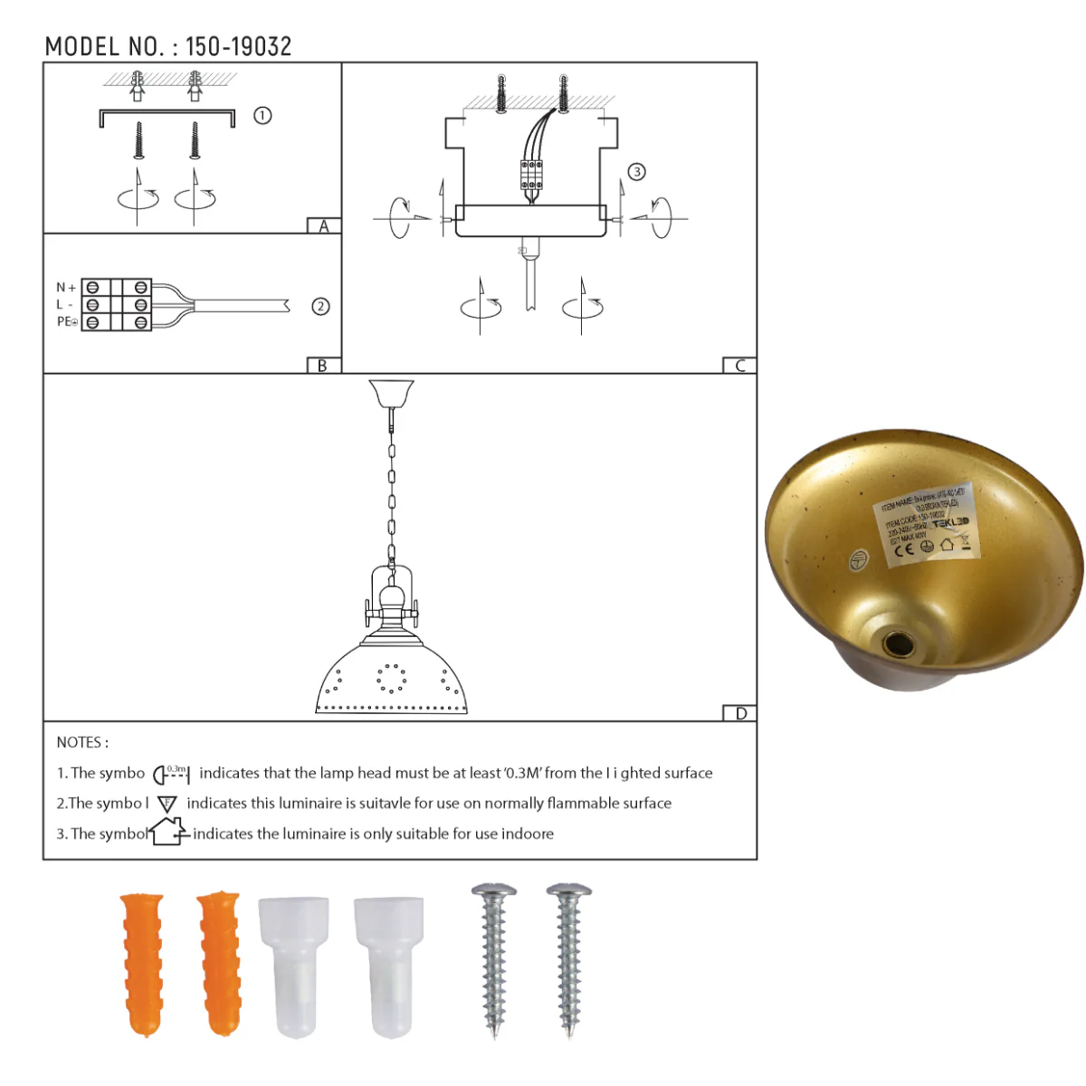 Technical specs of Vintage Industrial Dome Pendant Light with Rivet Detailing 150-19032
