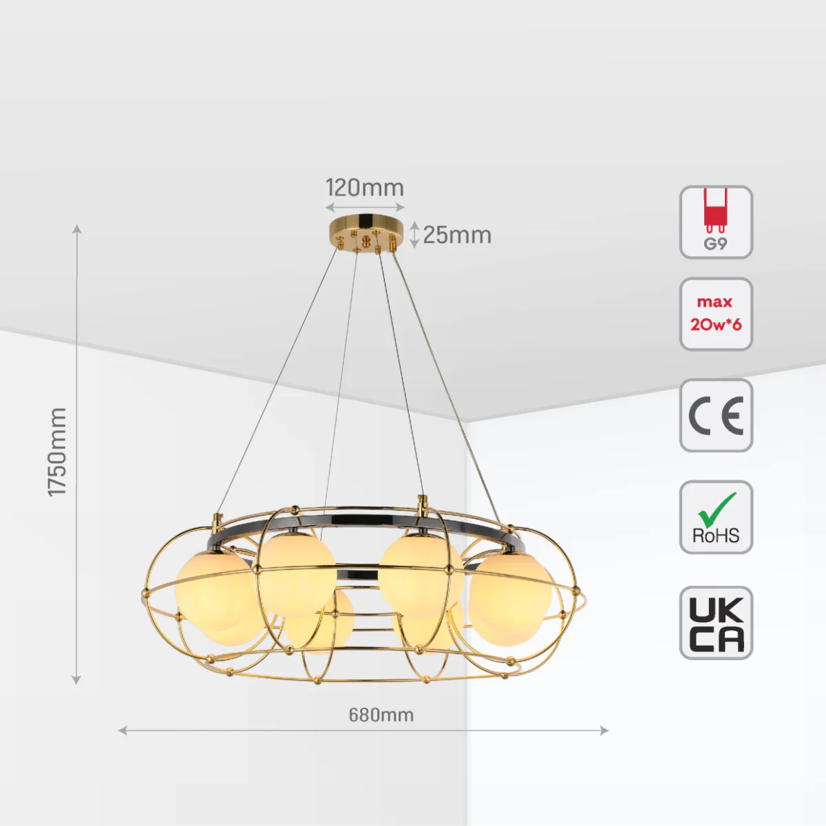 Size and certifications of Vintage-Modern Orb Chandelier with Geometric Gold Detailing G9 150-19034
