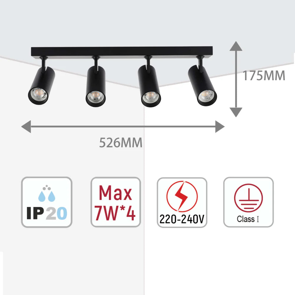 Four-spot black ceiling light with 175mm height and 526mm length. Features IP20 rating, max 7W*4 and 220-240V.