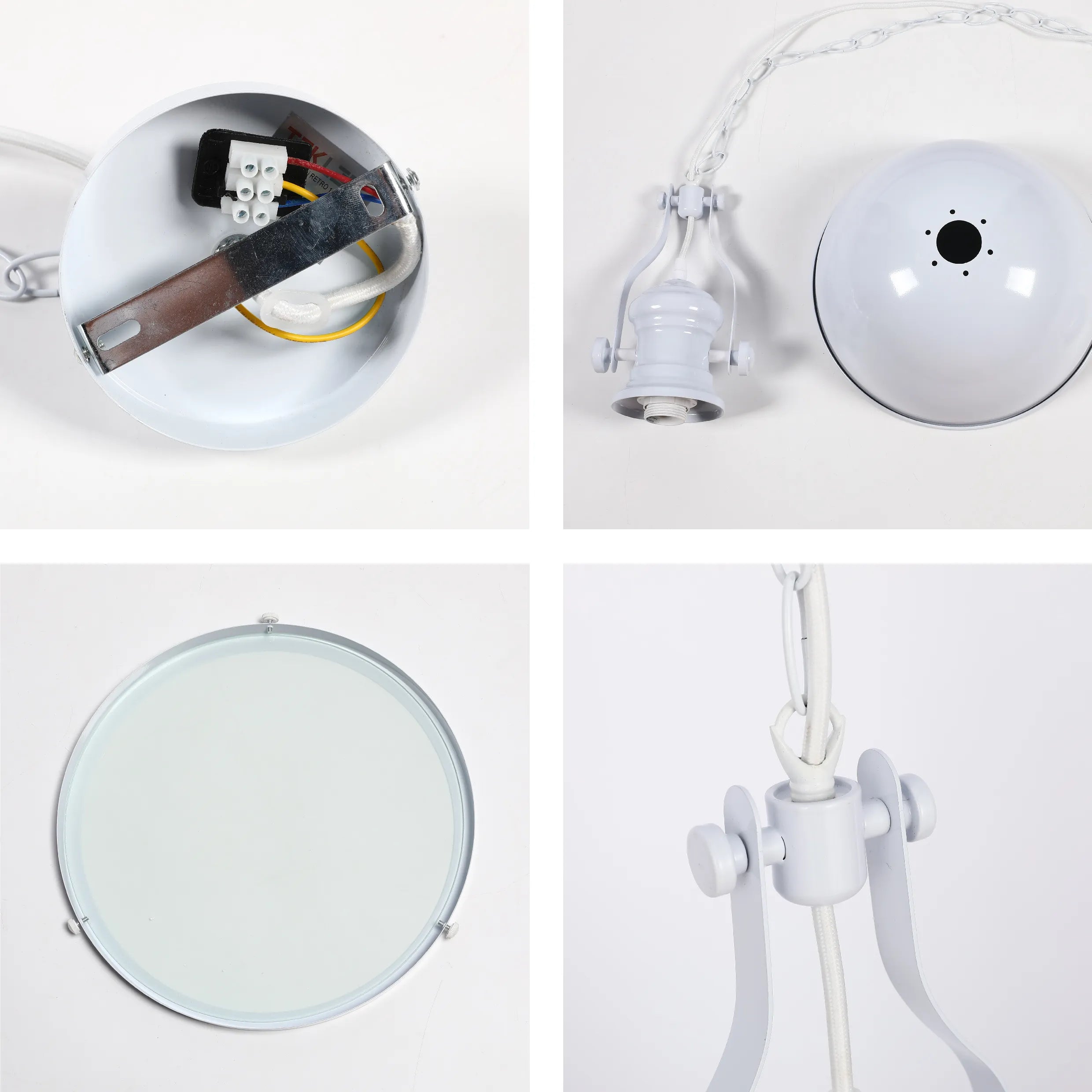 A modern, white pendant light fitting, showing several components laid out on a white surface.