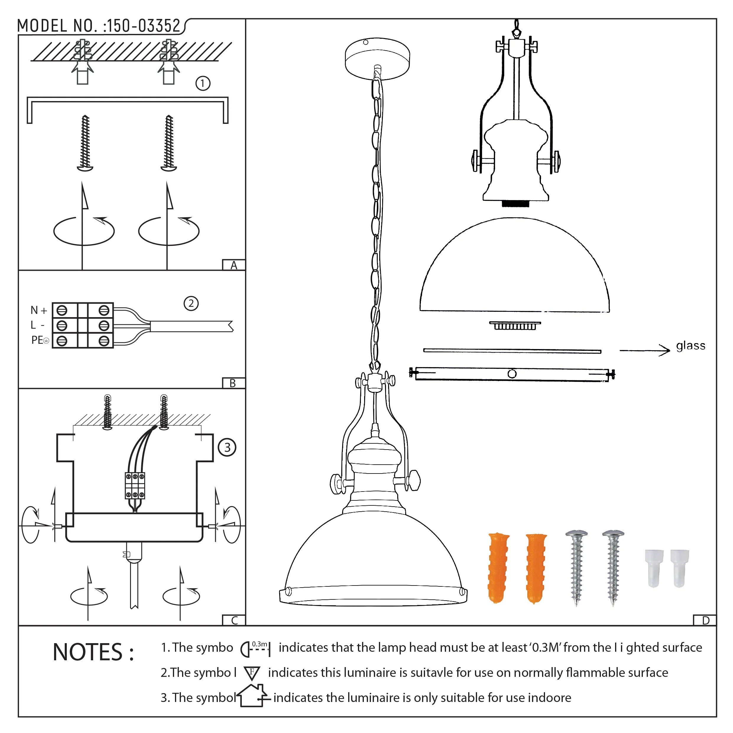 Technical diagram of a chain pendant light with glass shade. Shows wiring, measurements and installation instructions.