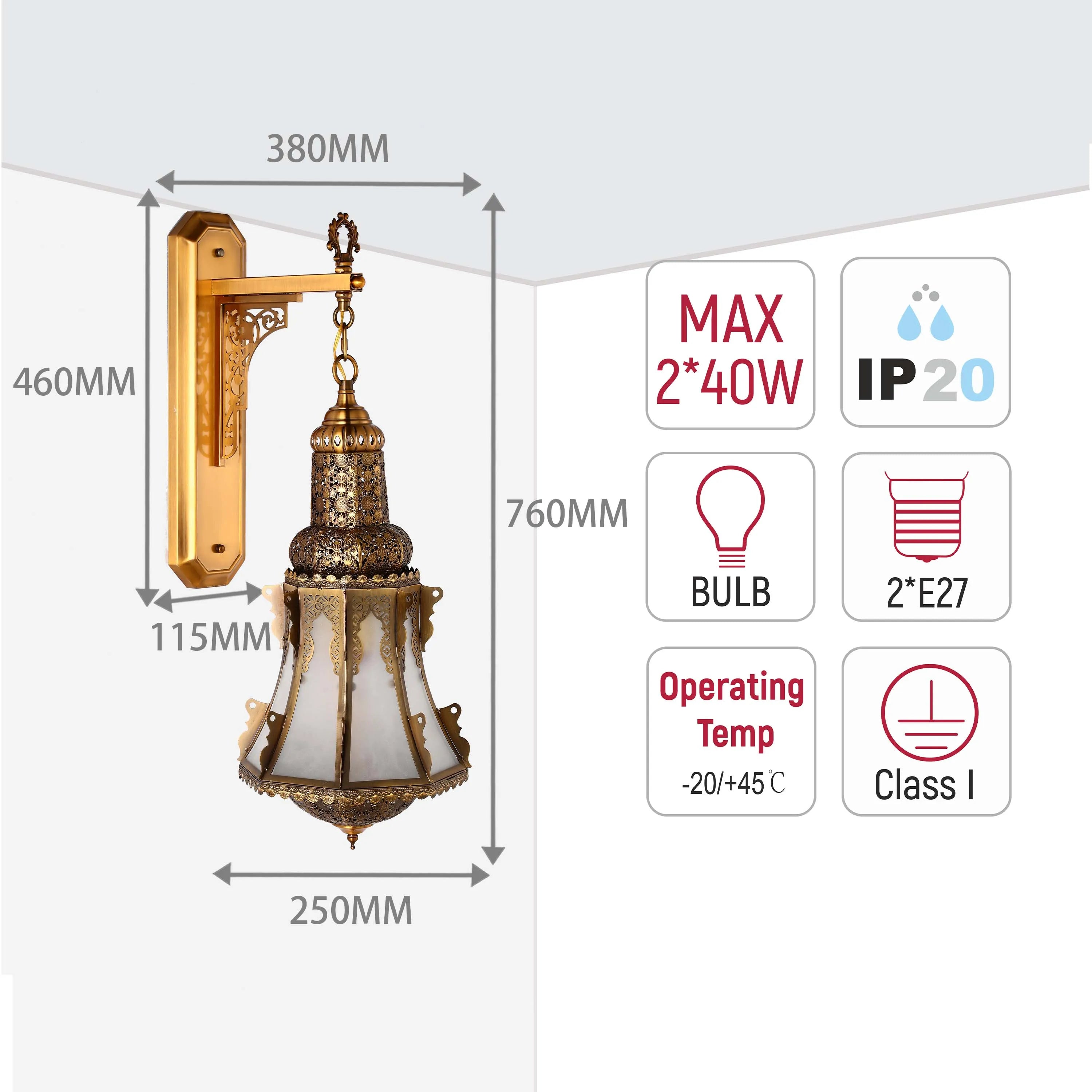 Decorative wall lamp, demonstrating dimensions and specifications including bulb type, IP rating, and temperature range.
