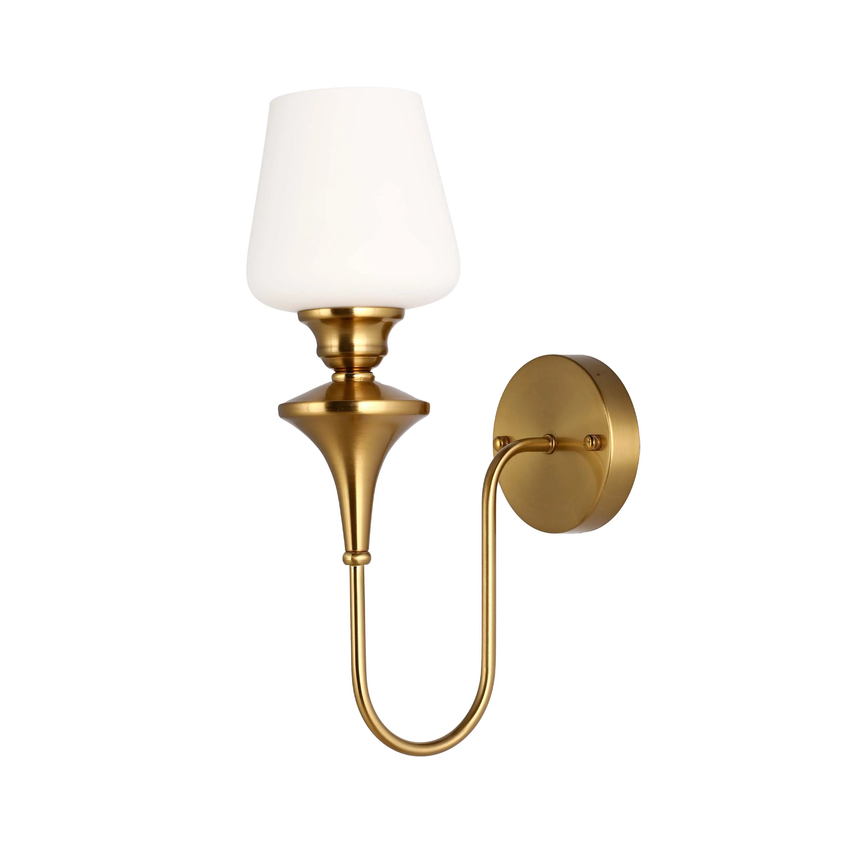 A stylish gold wall light with a frosted glass shade. Adds a touch of elegance to any room.