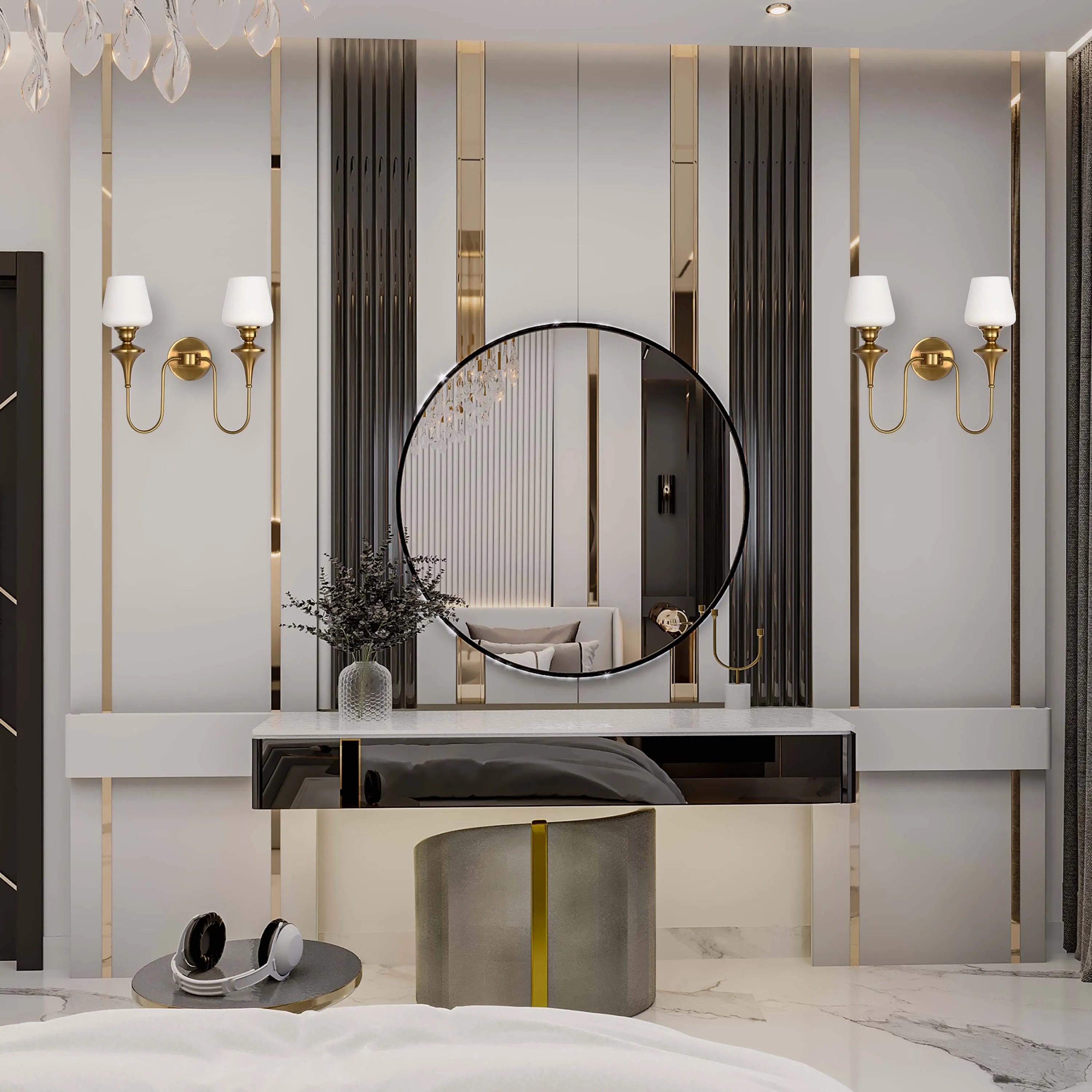 Elegant bedroom lighting: chandelier, sconces flanking a round mirror and illuminated vanity, creating a luxurious ambience.