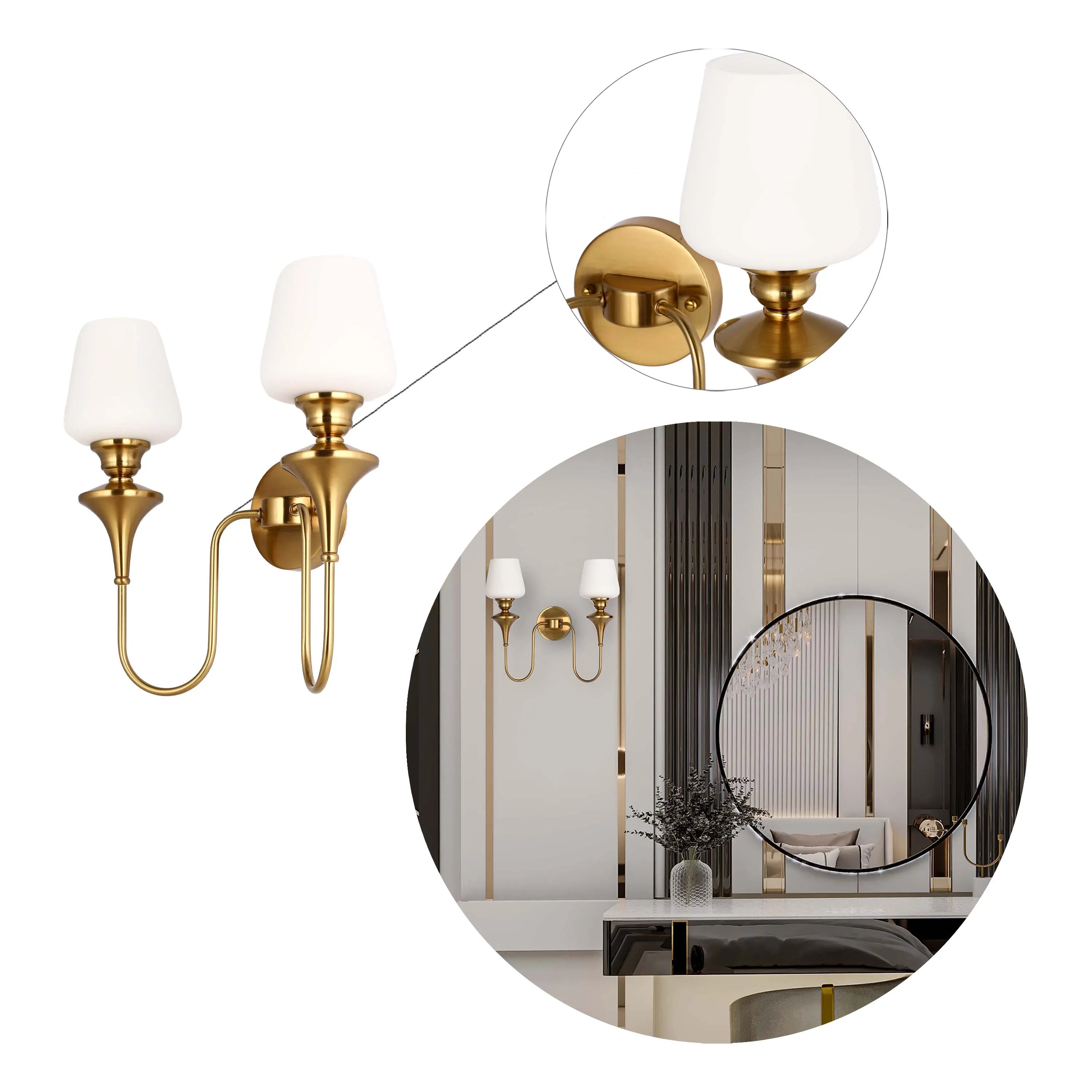 A sophisticated, two-light wall sconce in a warm gold finish, with elegant, frosted glass shades. It adds a soft glow and modern touch.