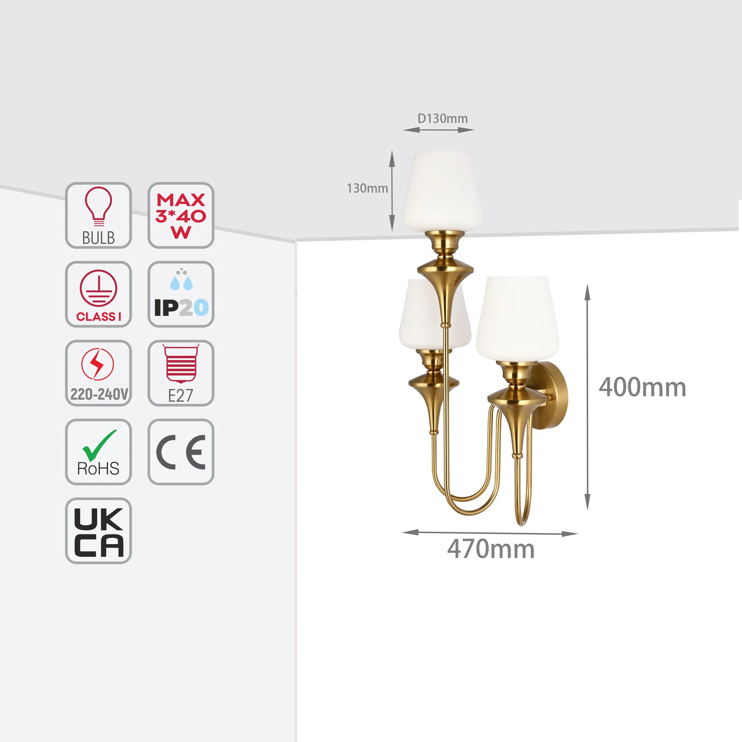 A glamorous gold wall light with three white shades, providing ambient lighting. Size: 400mm high, 470mm wide.