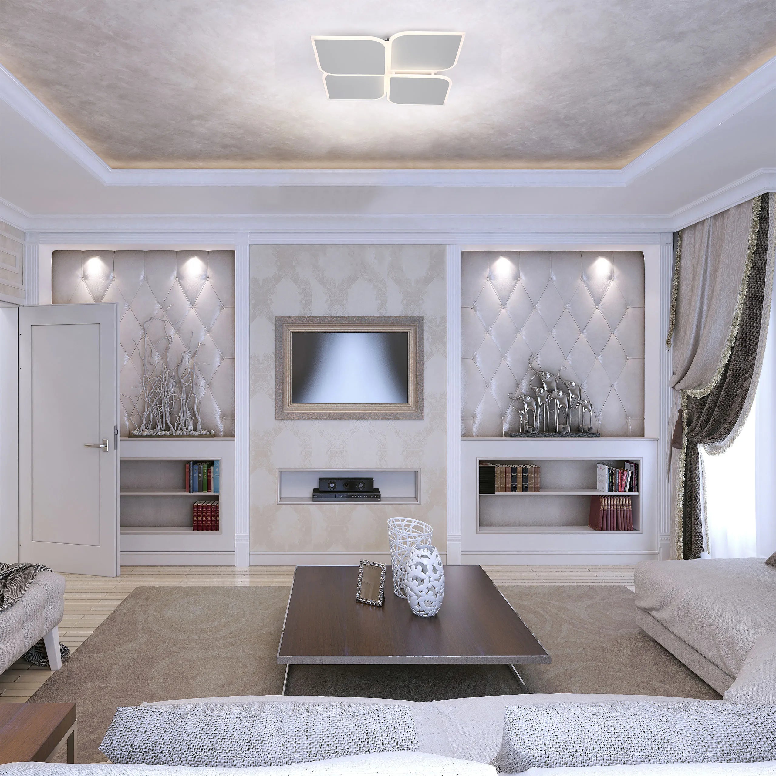 A chic living room featuring a modern flush mount ceiling light, and soft ambient lighting highlighting the bespoke shelving and decor.
