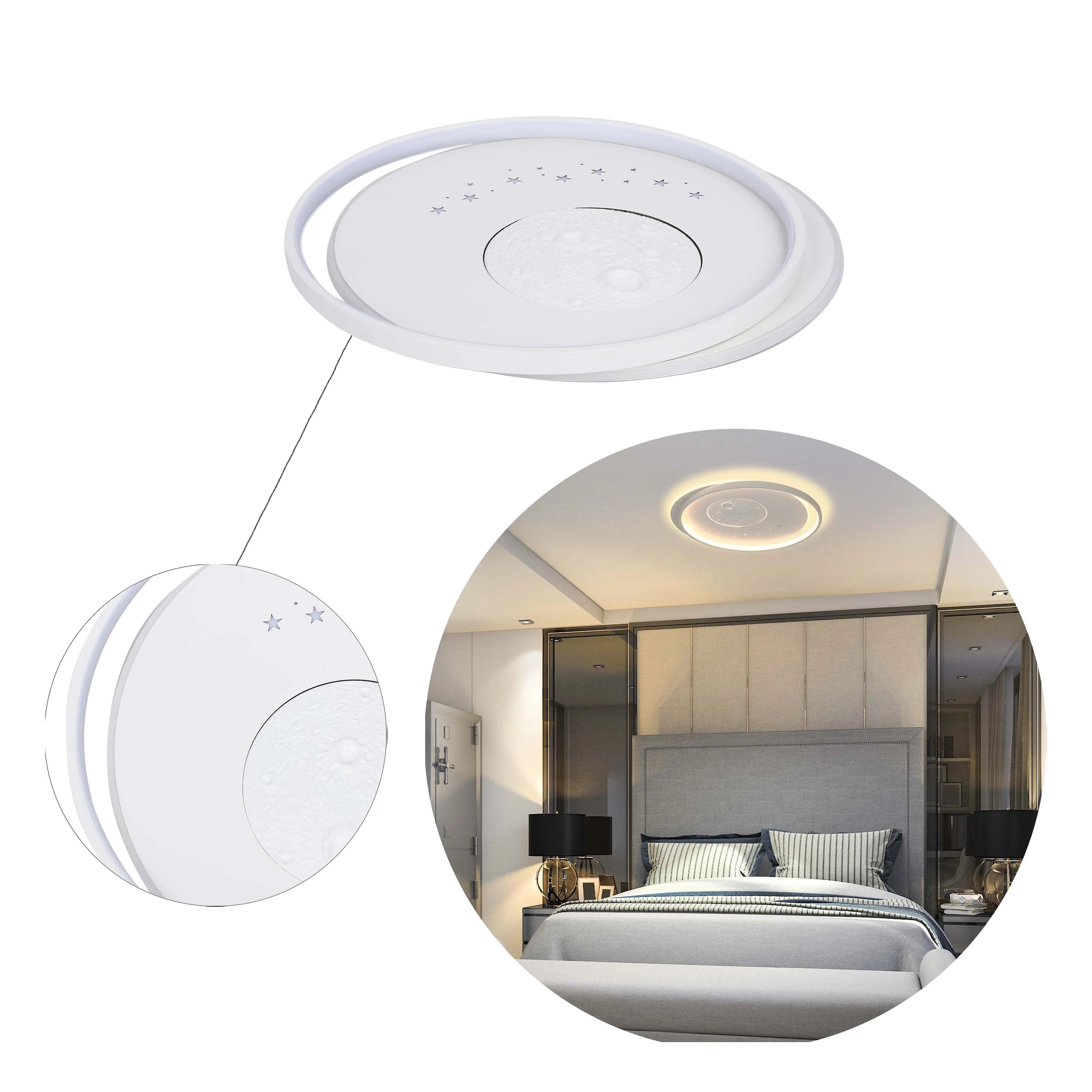 A modern white ceiling light with a 'moon' design is showcased in both a product shot and installed in a bedroom setting.
