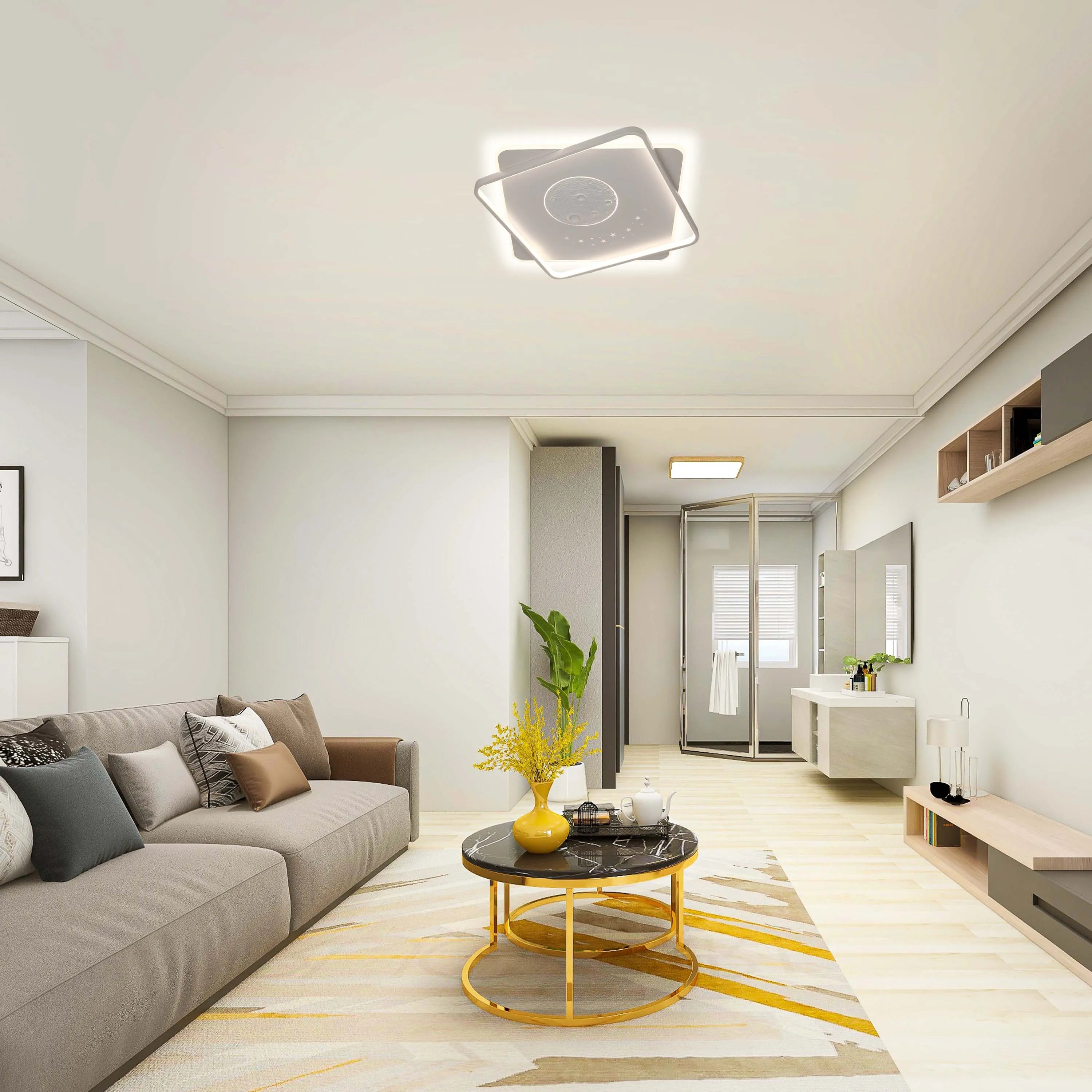 A modern living space featuring unique, square-shaped ceiling lights, alongside other integrated lighting enhancing the airy atmosphere.