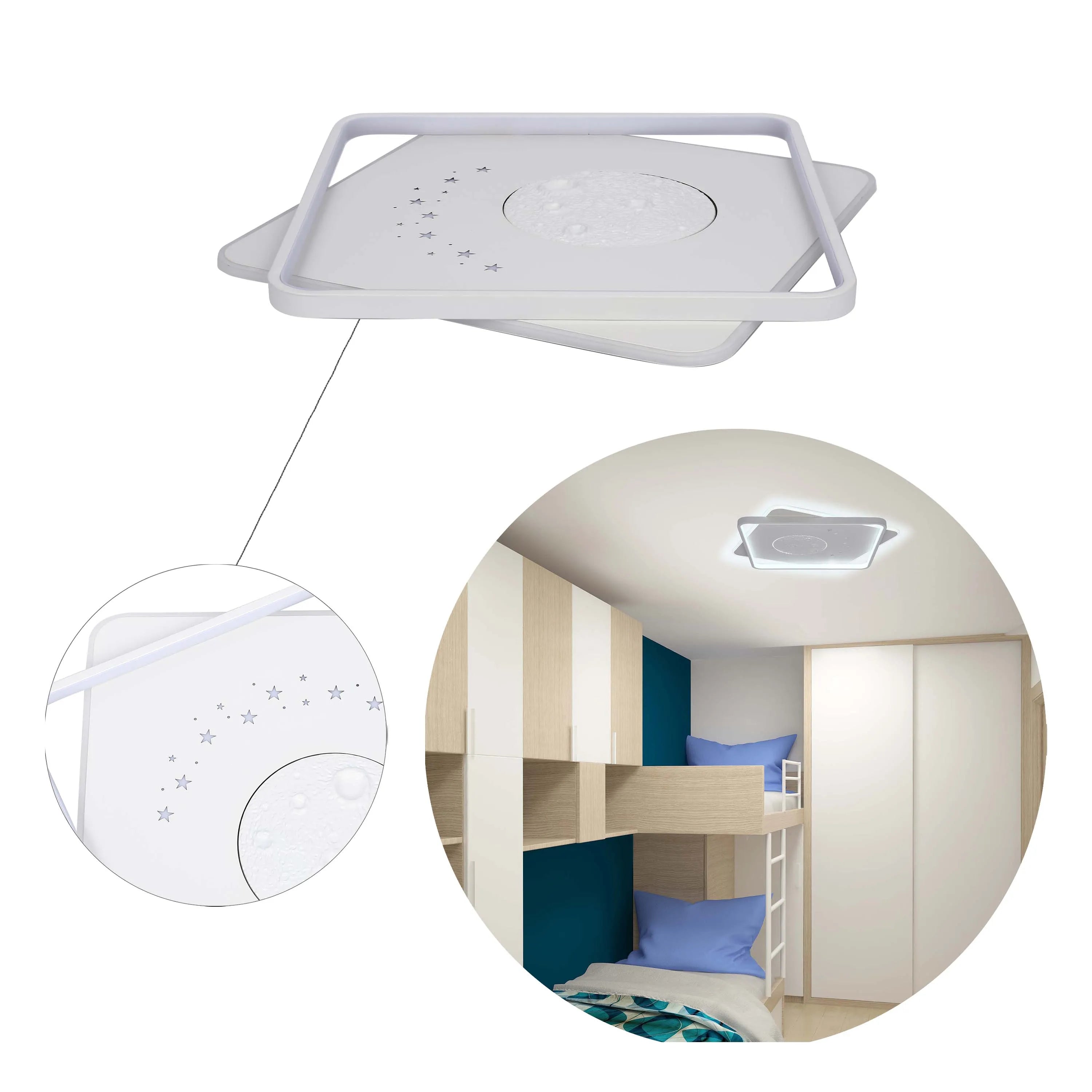 A square ceiling light with moon and stars design, perfect for a child's bedroom. Its soft glow creates a cosy atmosphere.