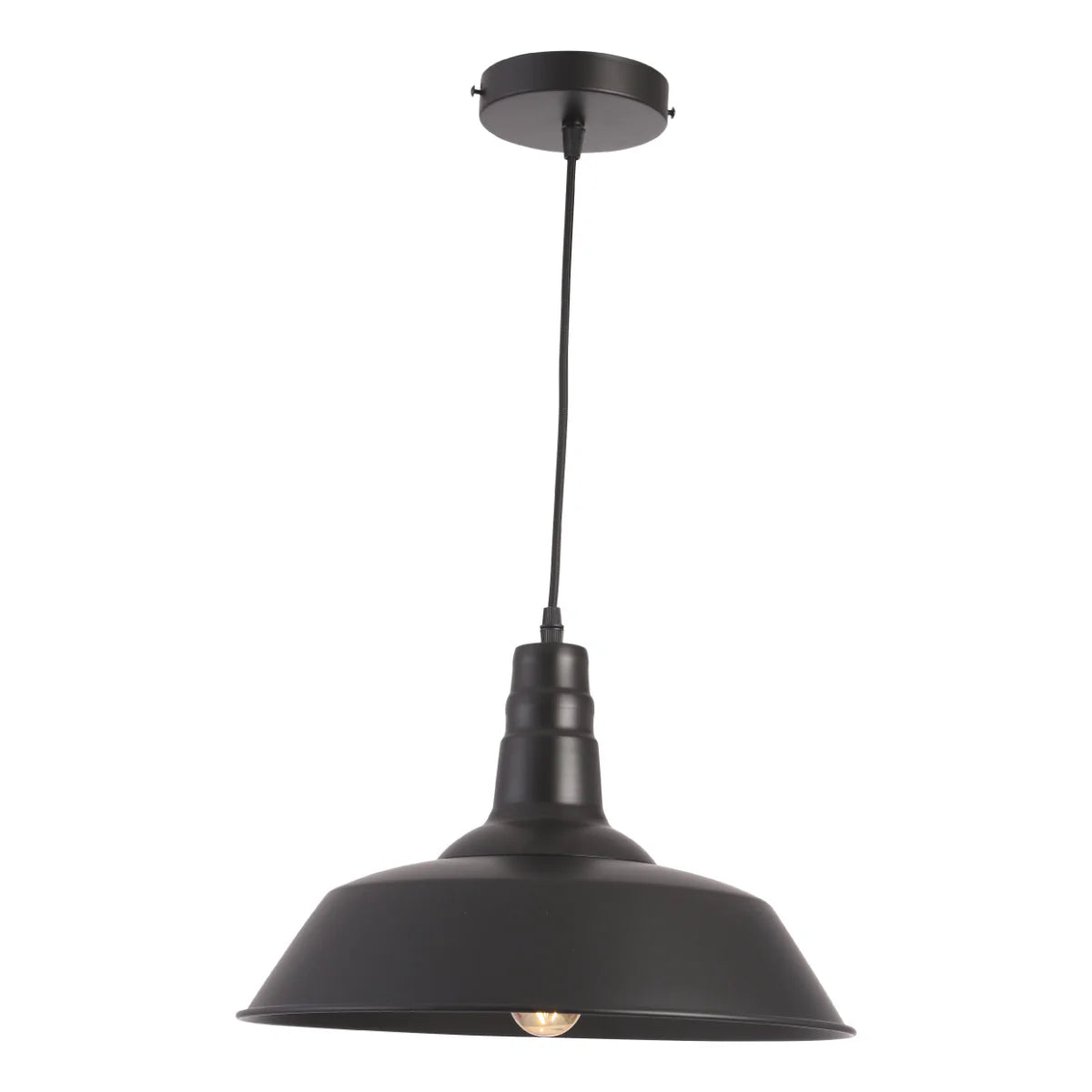Black industrial pendant light fixture with a dome-shaped shade and a matching ceiling canopy.