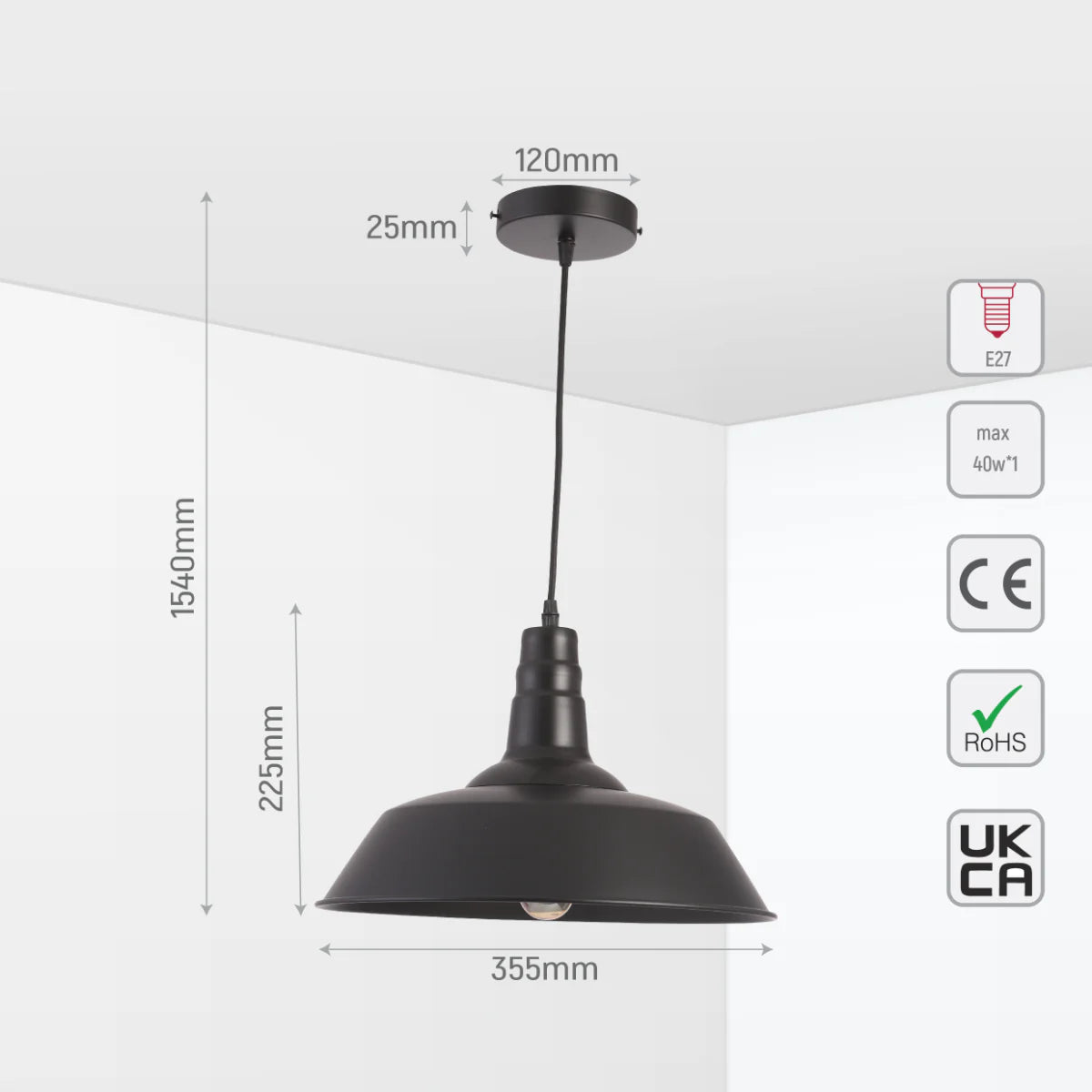 Stylish black pendant light. Dimensions: 1540mm height, 355mm width. E27 bulb fitting. Max 40W. RoHS & UKCA compliant.