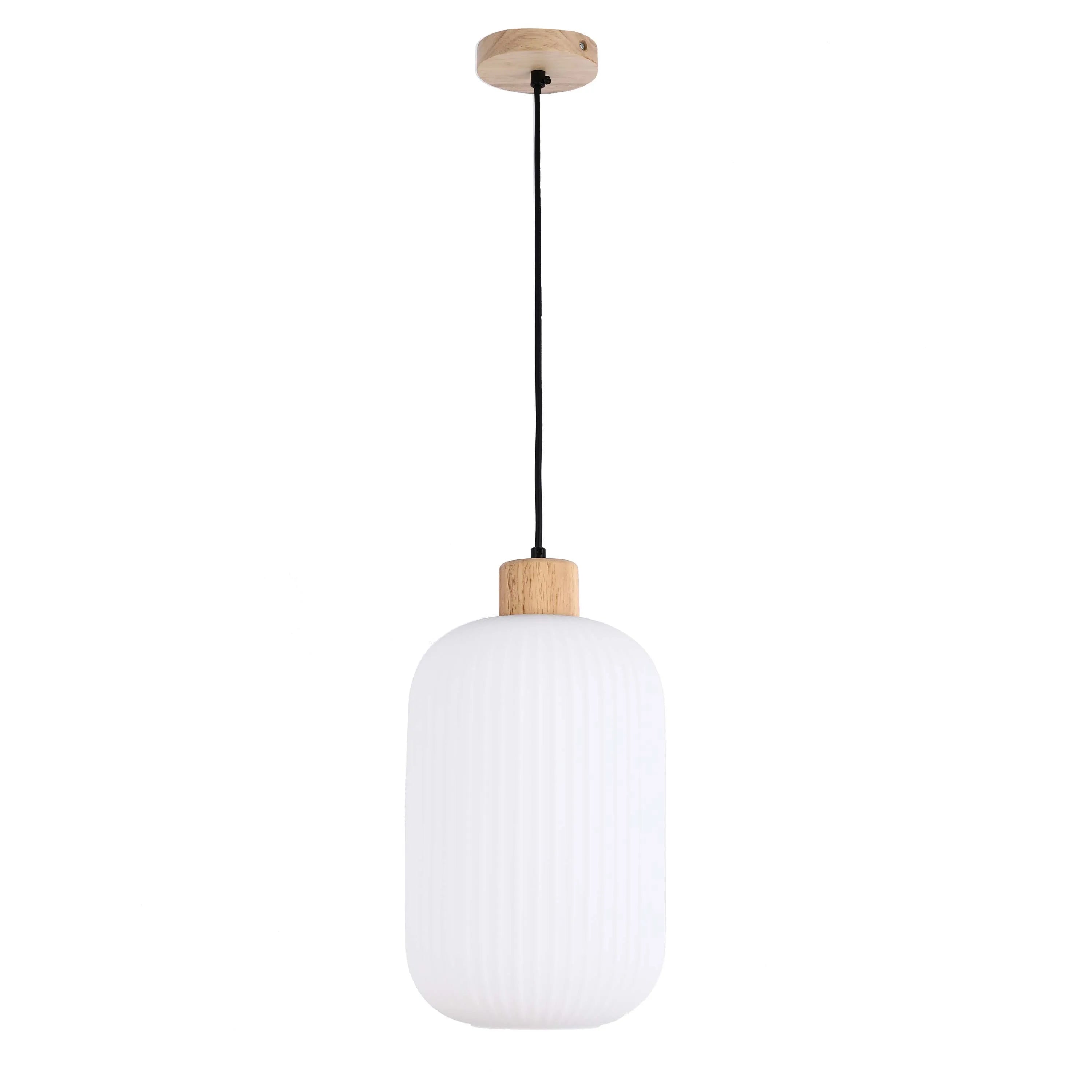 A contemporary pendant light with a white, ridged glass shade and wooden fittings. It's suspended by a sleek, black cable.