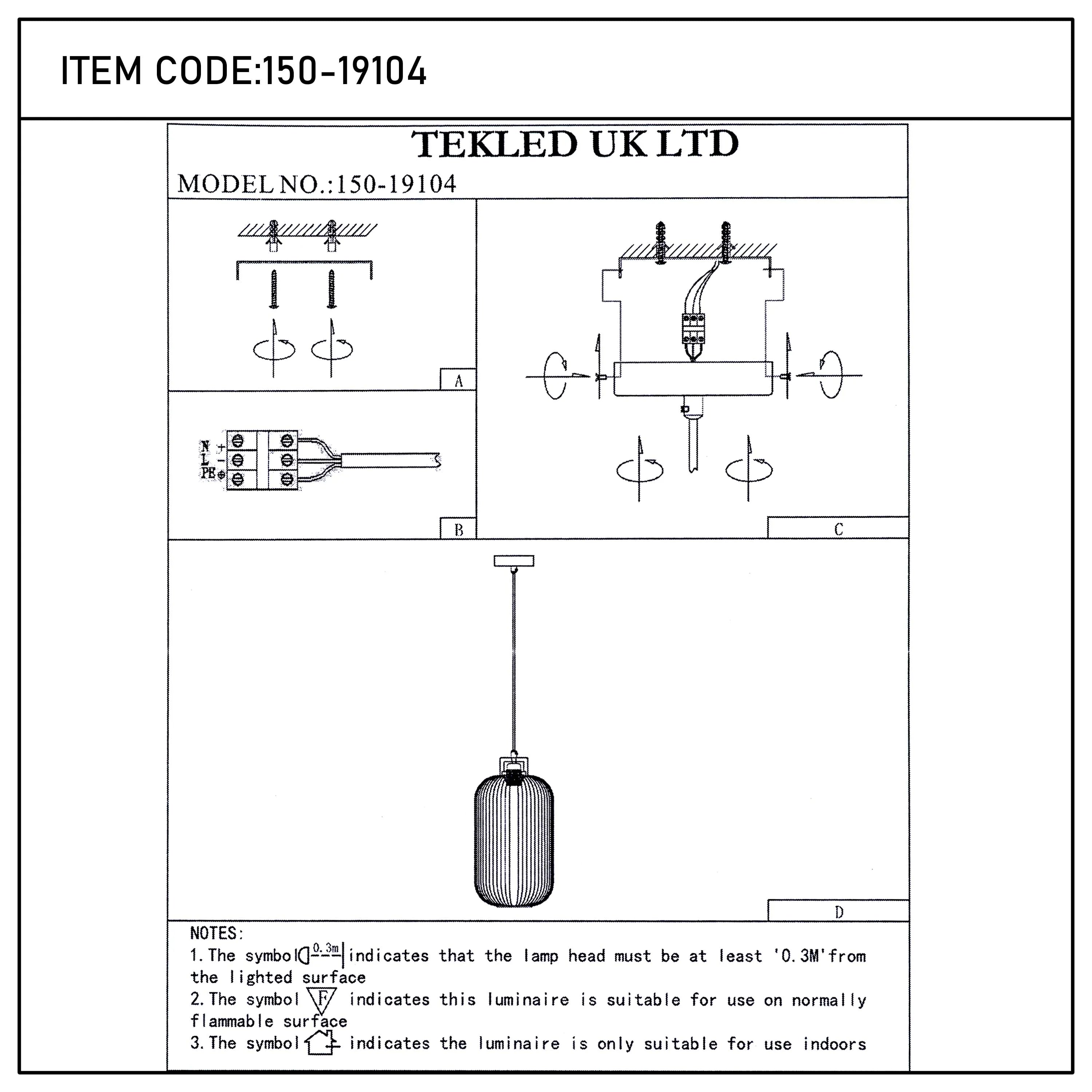 Technical diagram of a TEKLED UK LTD pendant light, model number 150-19104, showing installation and safety information.