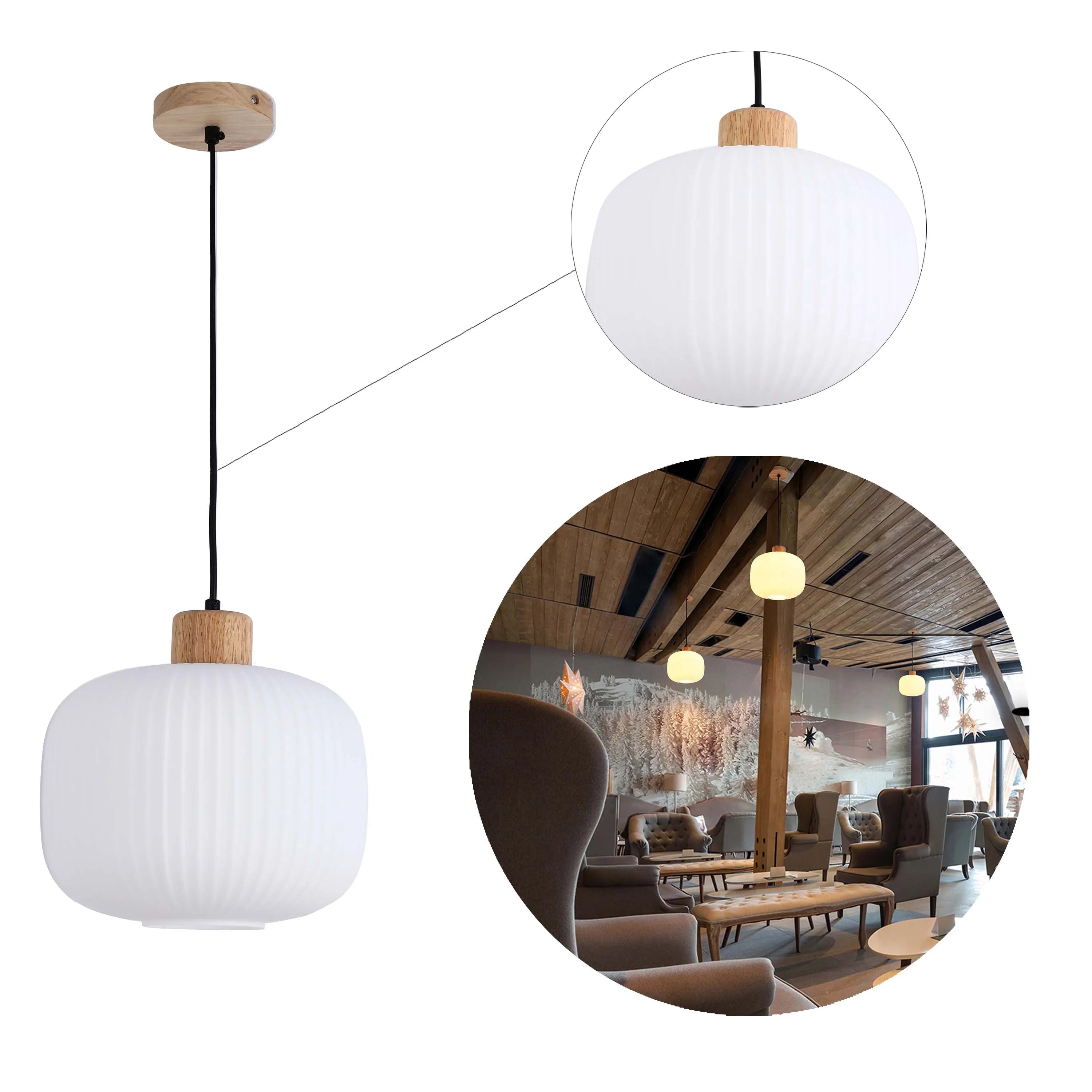 A stylish, modern pendant light with a textured, opaque shade and wooden cap. A warm, inviting glow adds ambience.