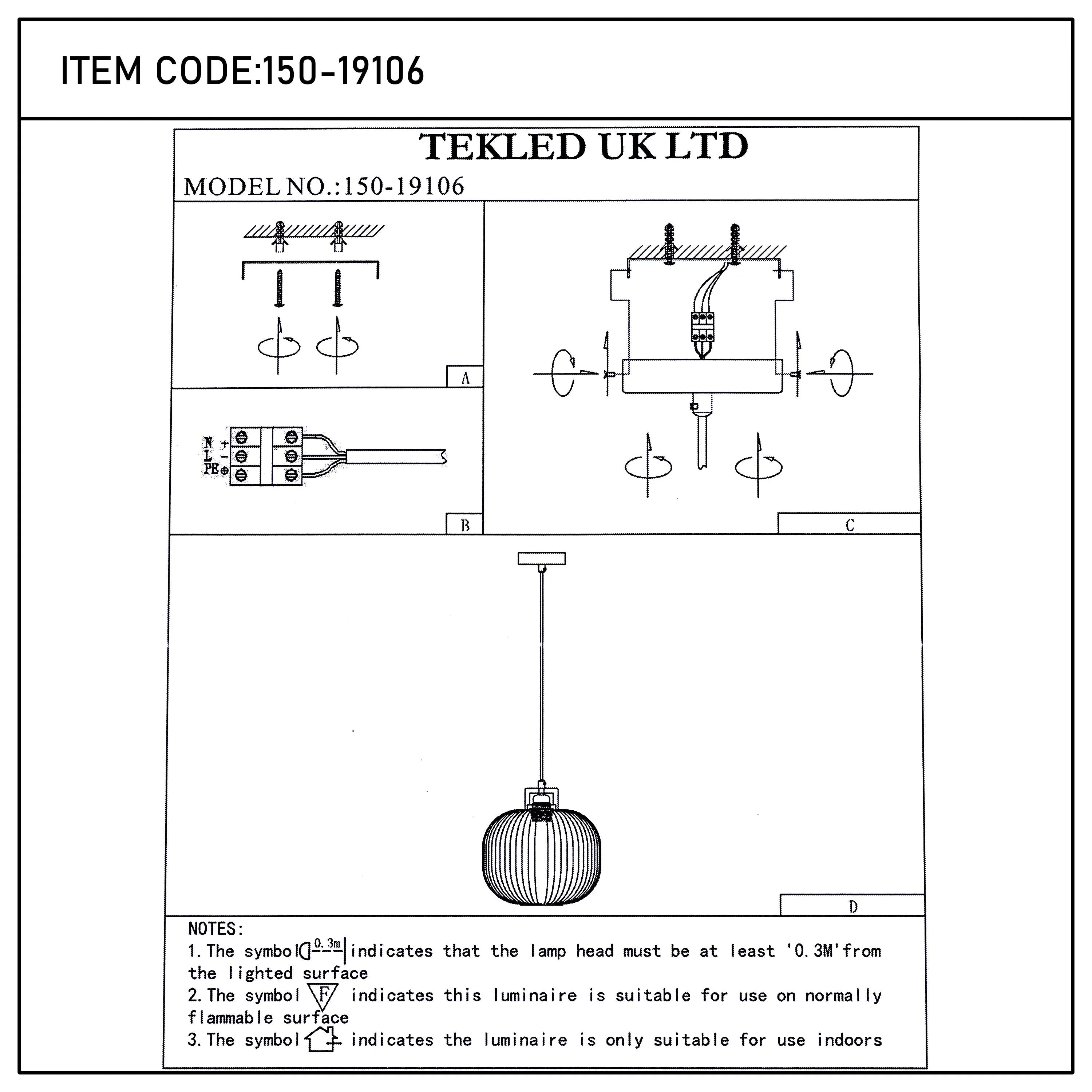Technical diagram of a pendant light with installation instructions and safety notes for indoor use on non-flammable surfaces.