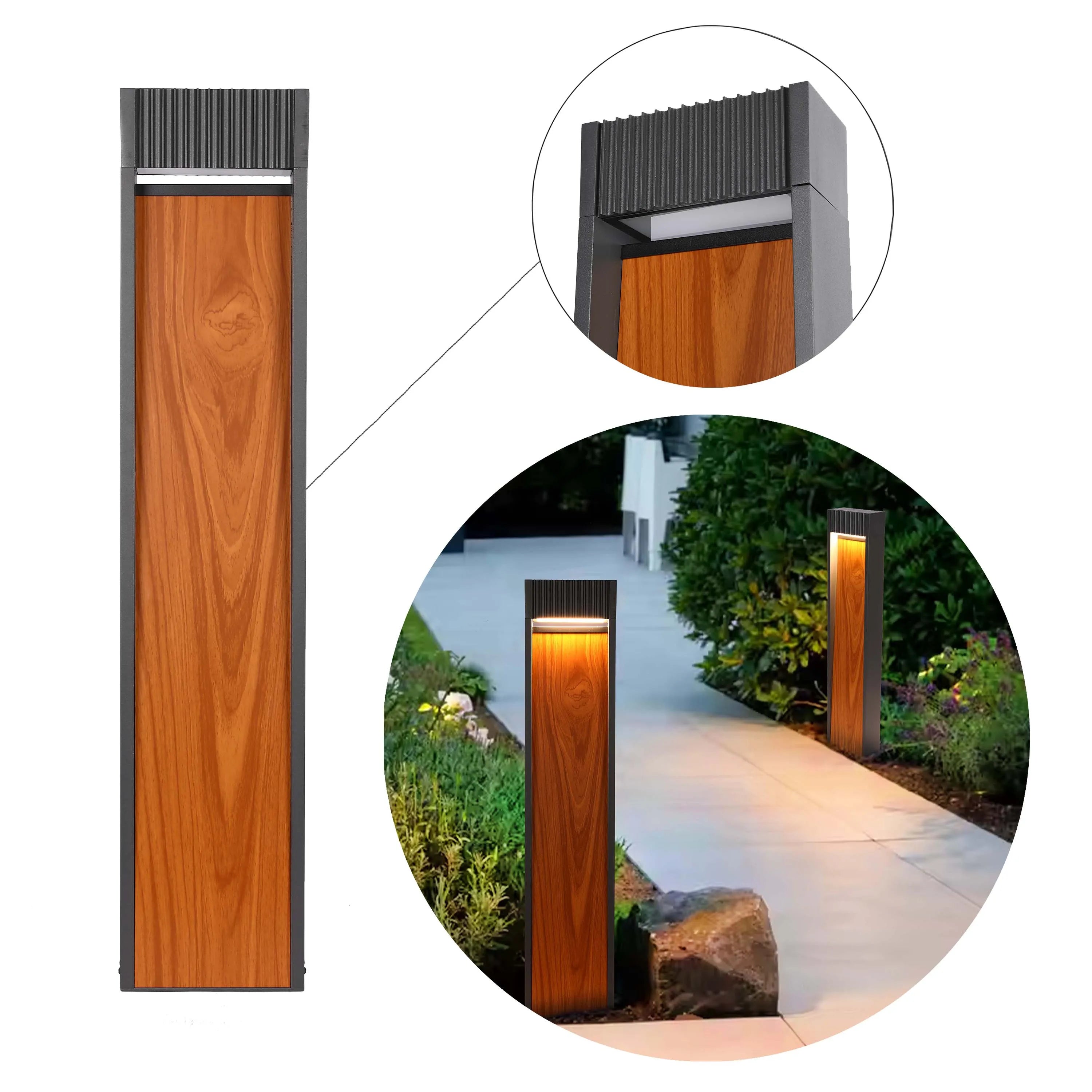 Modern outdoor lighting fixture. Wooden and grey pillar bollard light ideal for driveways and gardens.