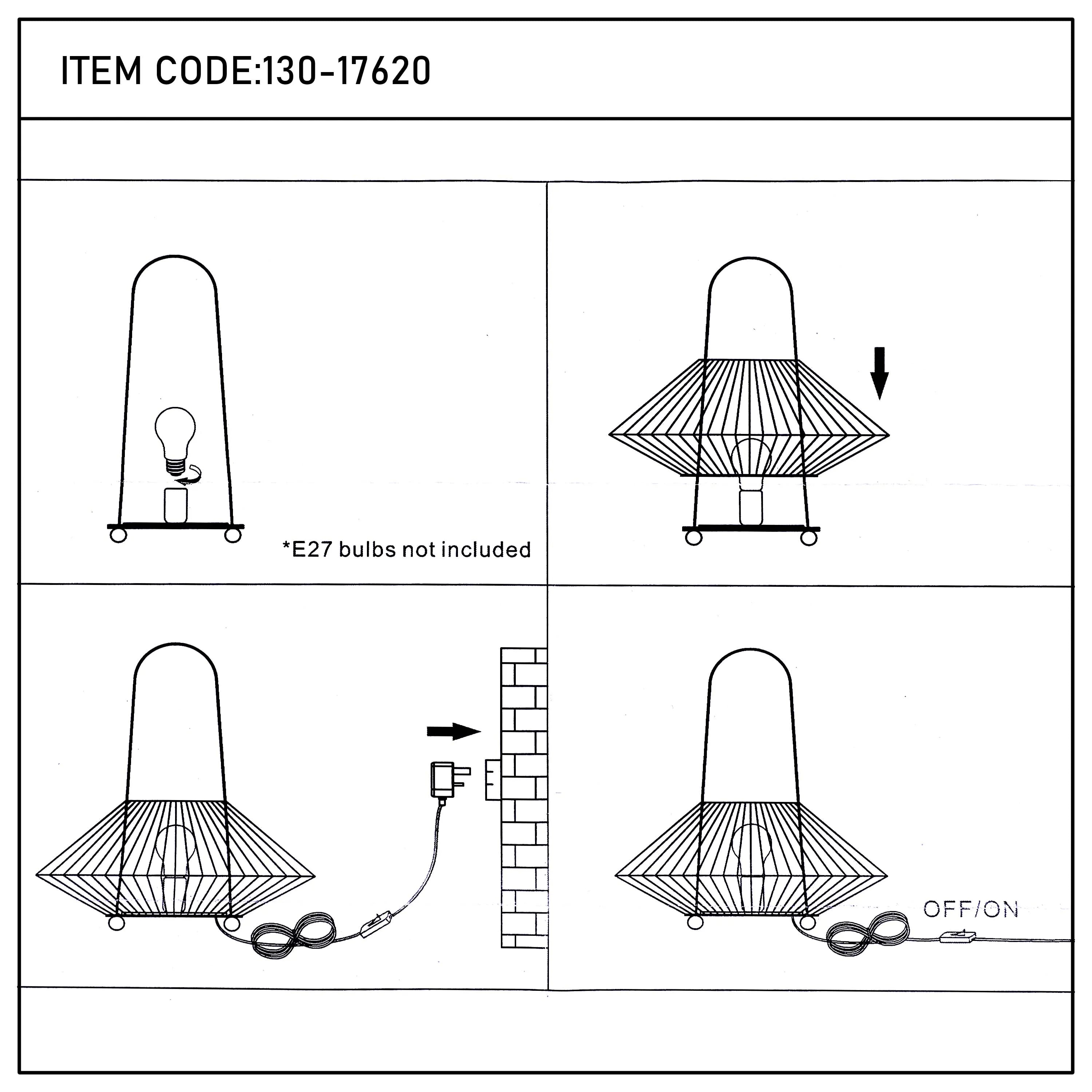 Diagram showing a lamp with a wire shade being assembled and plugged in. Bulb not included. Has an on/off switch.