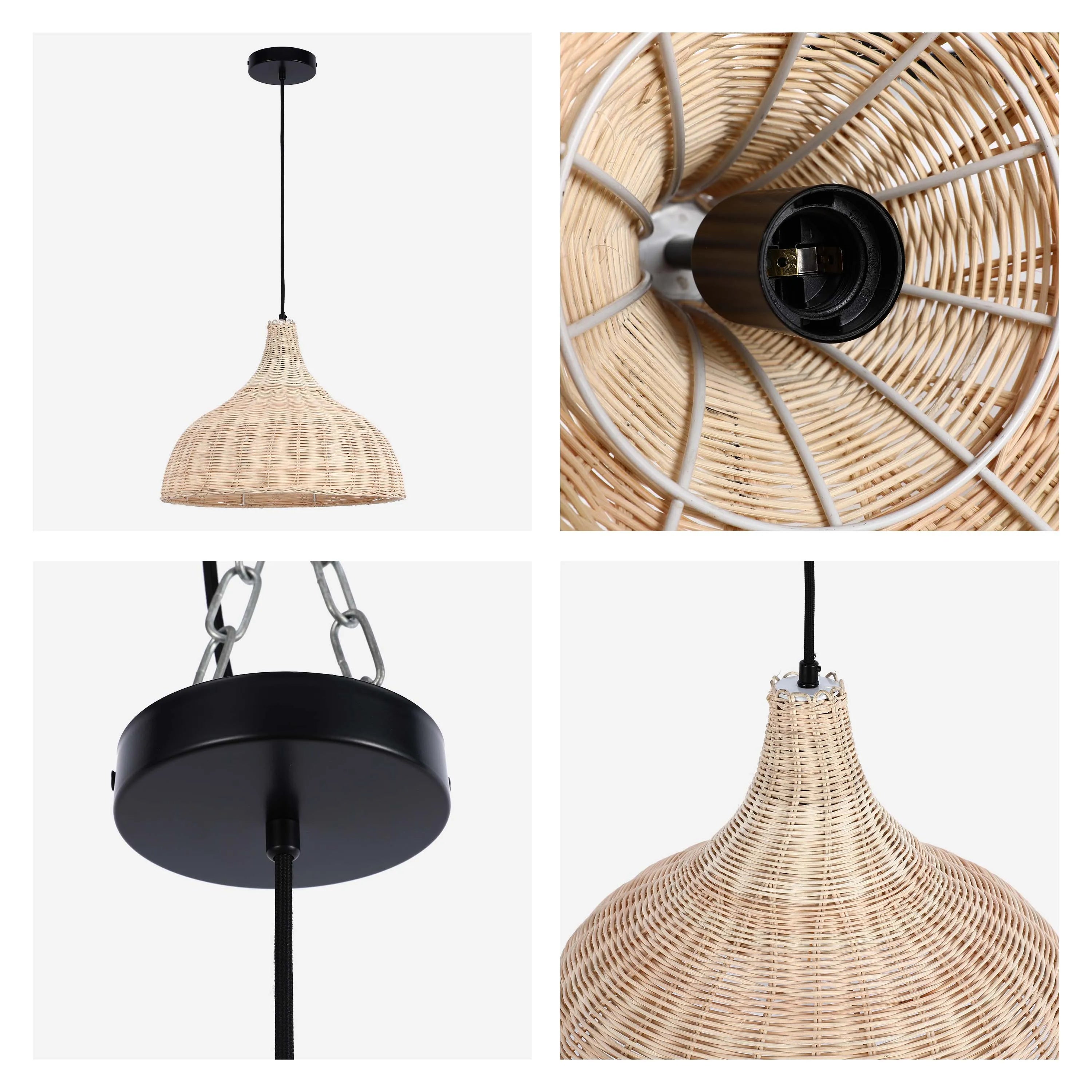 Wicker pendant light with a black ceiling rose and light fitting. A natural, boho light fixture.