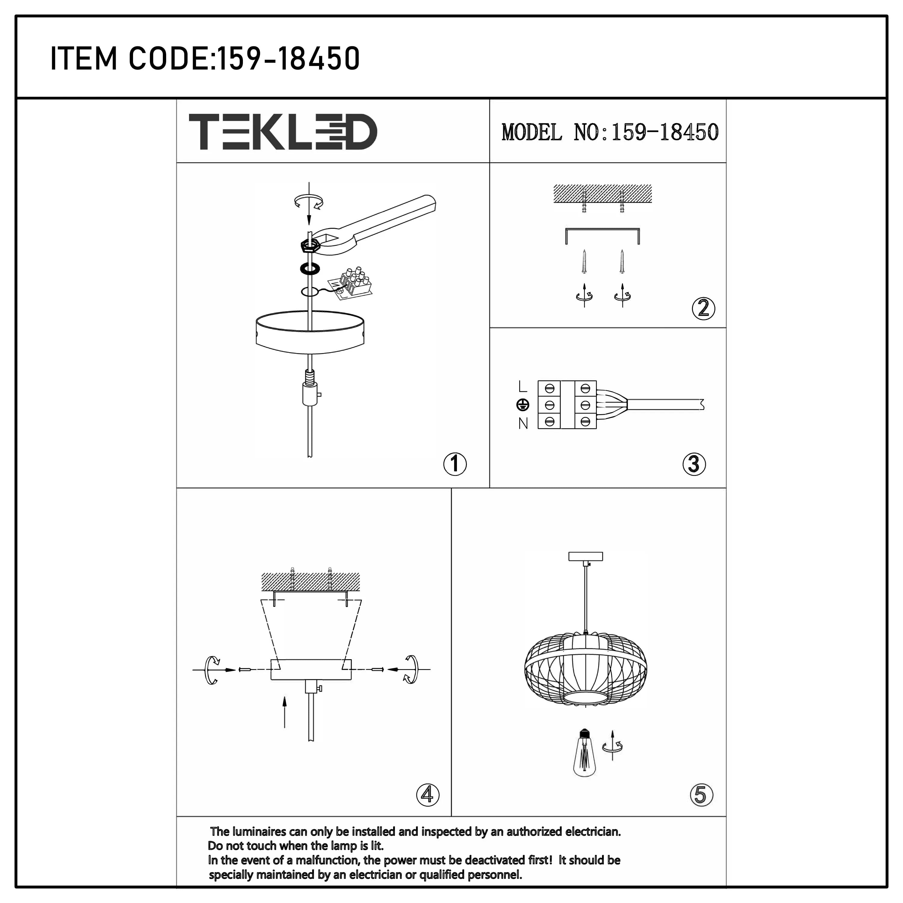 Assembly guide for a TEKLED pendant light, model 159-18450, showcasing wiring and installation steps.
