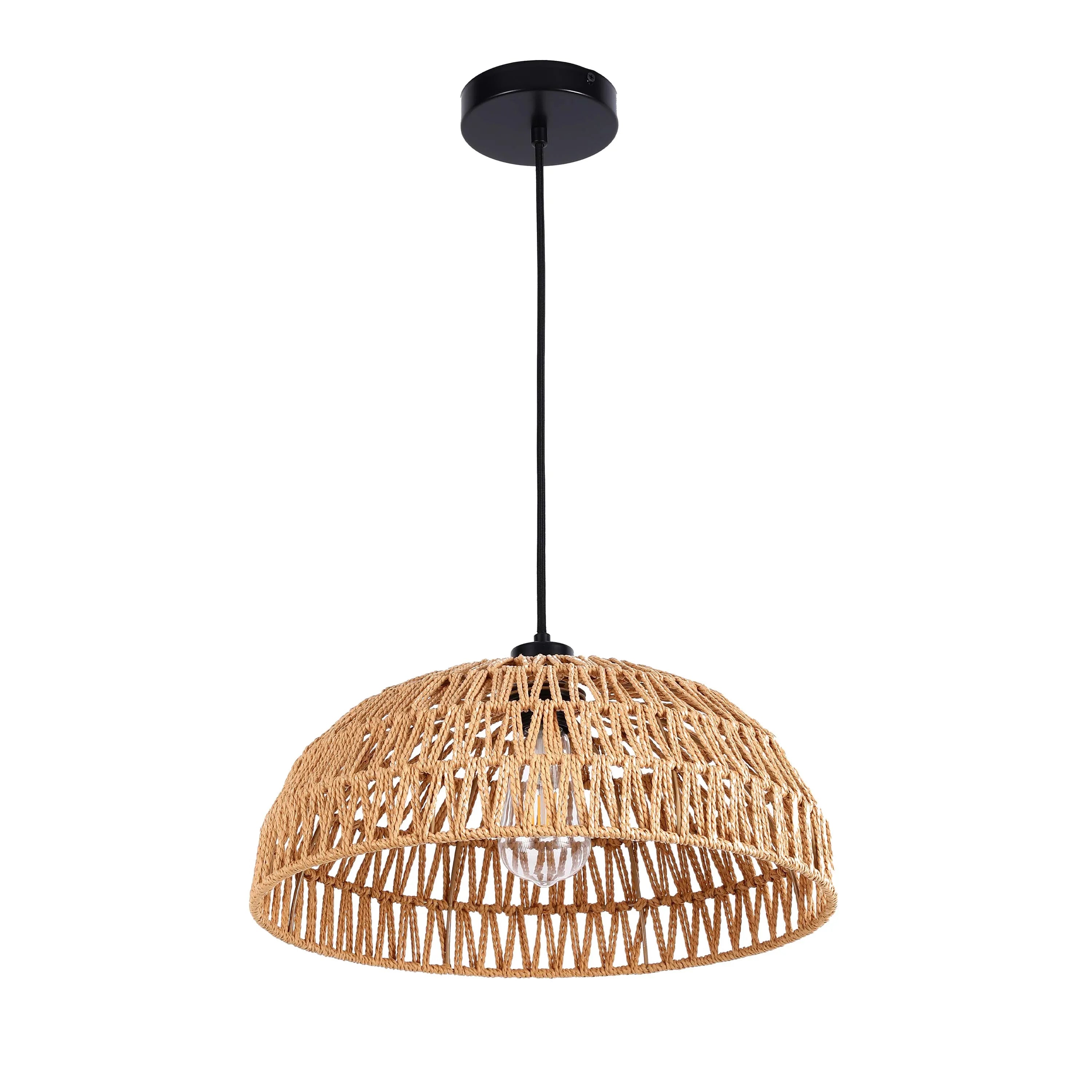 Woven rope pendant light with black ceiling rose. Decorative and modern.