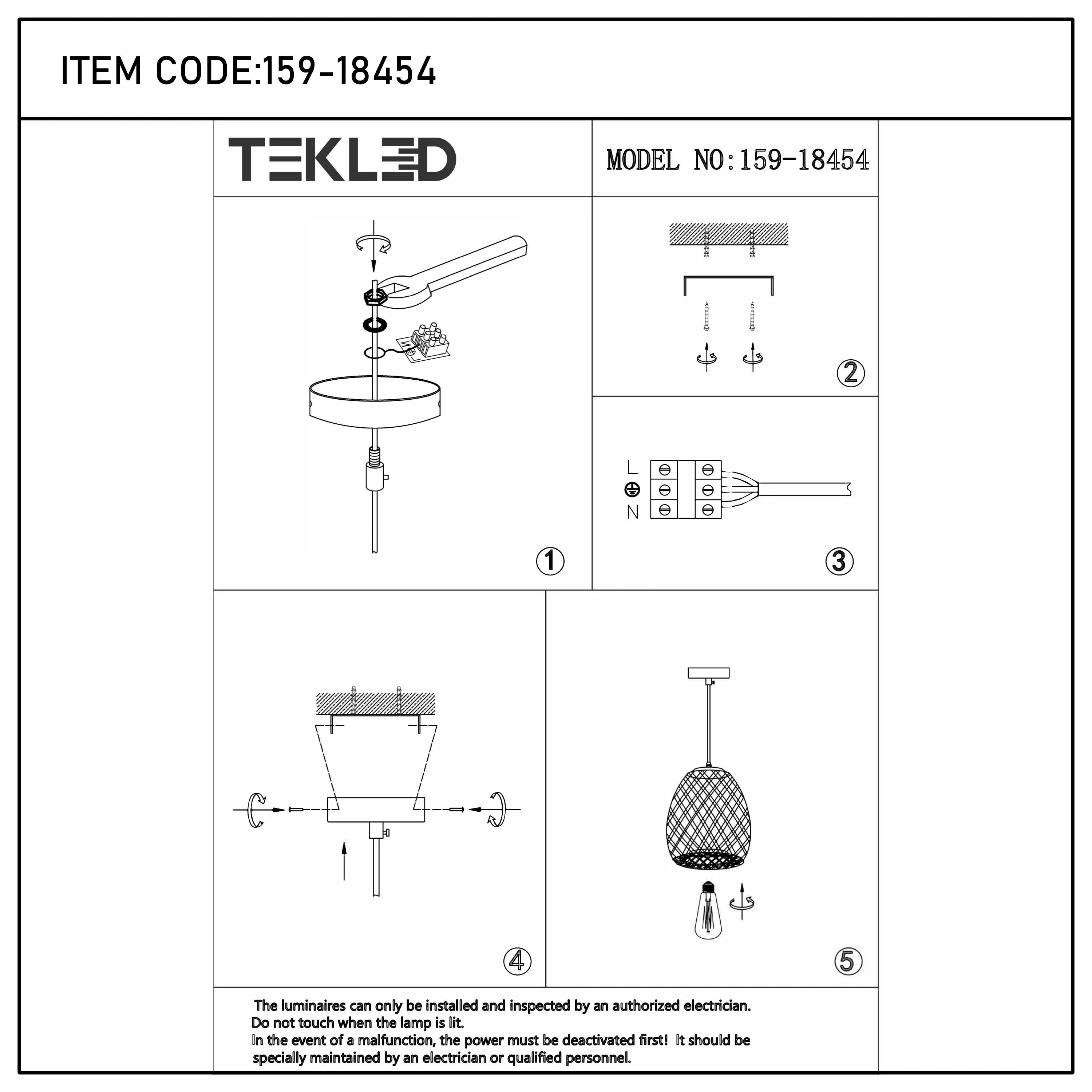 Diagram for installing a Tekled pendant light, showing the parts & wiring, plus warnings to use an electrician.