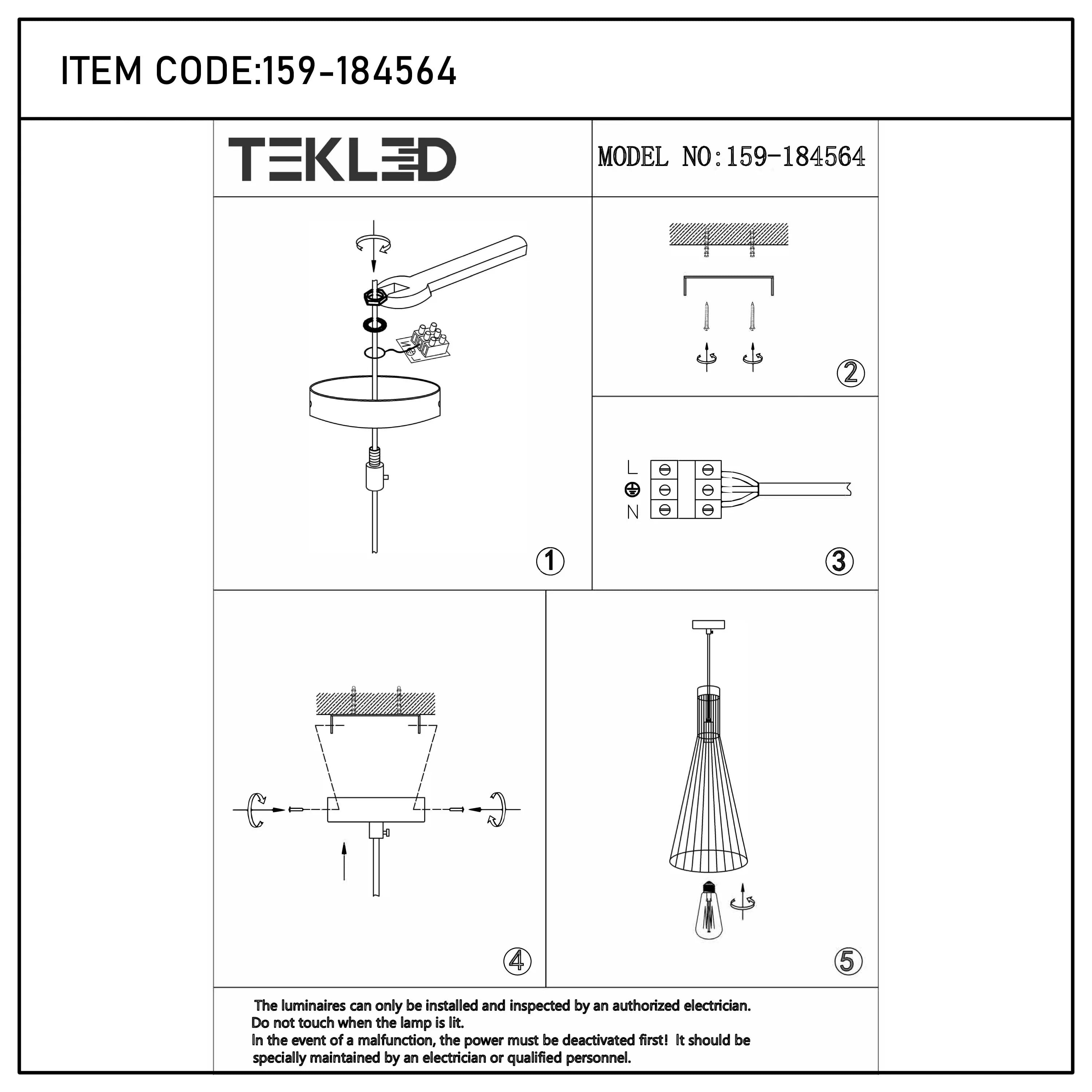 Technical diagram for the TEKLED pendant light, model no. 159-184564. Installation by electrician only.